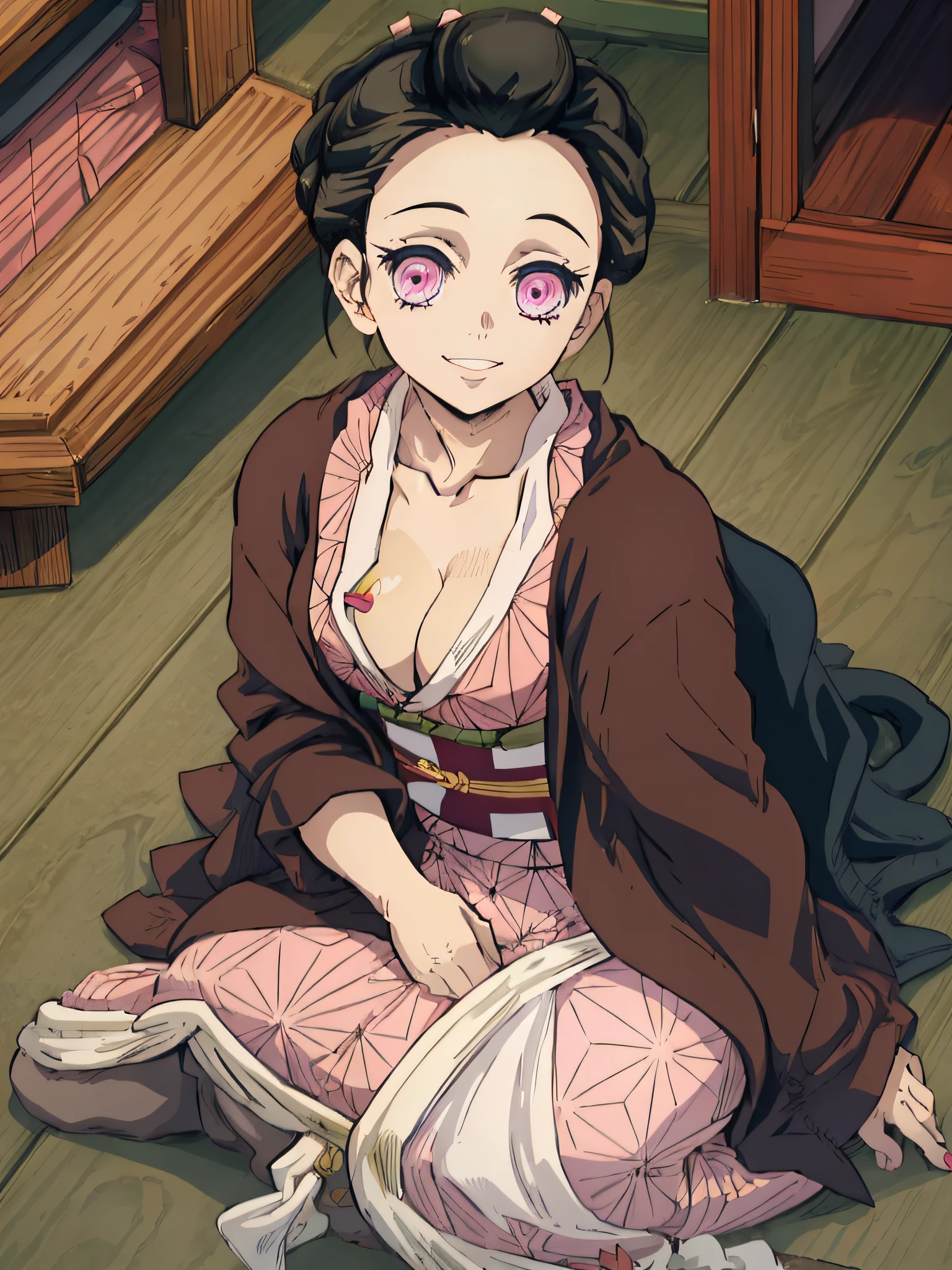 masterpiece, best quality, 1girl, humannezuko, light smile, pink kimono, looking at viewer, sitting, indoor, indoor room, wooden room, wooden house, perfect light, pink eyes, hair tied up, bun, hair bun, no cleavage