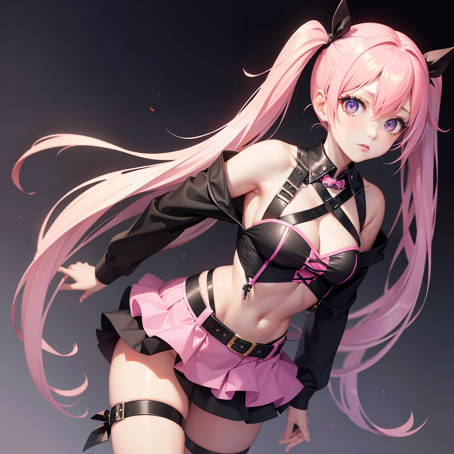 Leader of Runaway Bad Girl, Halloween Costume, a cool、a miniskirt, Long hair with pink twin tails, Looking at the viewer, Front view,Halloween Costumes