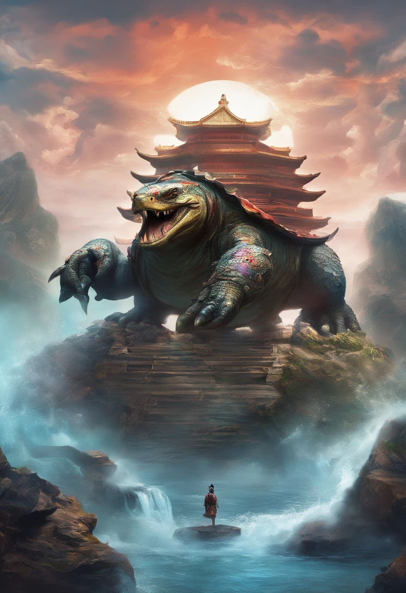 China-style,Chinese mythology,Xuanwu,faucet,Turtle body,Snake tail,has horns on its head,tosen,Ferocious,gargantuan,The eyes shine blue light,Huge waves,surrounded by cloud,中景 the scene is,Full body like, highly detailed surreal vfx,oc rendered, - AR 16:9 --q 2 --s 1000