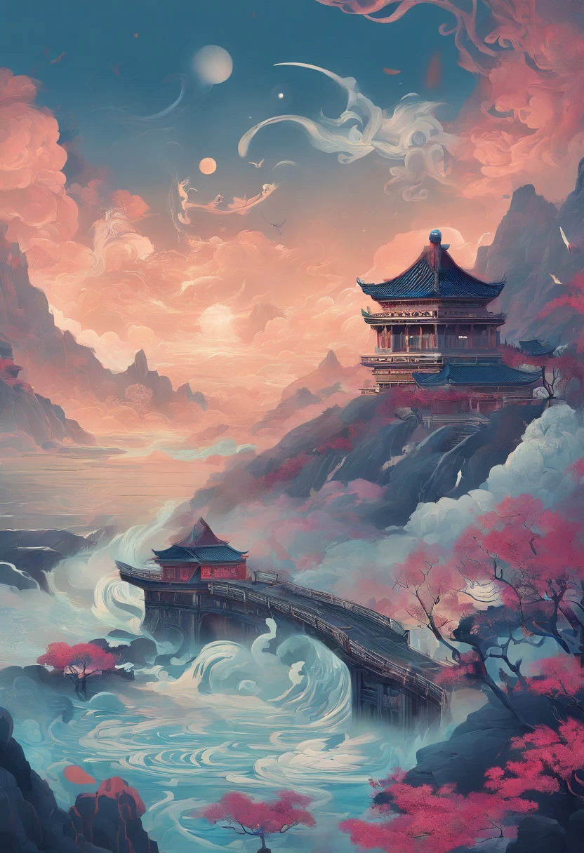 China-style，Chinese mythology，Xuanwu，faucet，Turtle body，Snake tail，has horns on its head，tosen，Ferocious，gargantuan，The eyes shine blue light，Huge waves，surrounded by cloud，中景 the scene is，Full body like， highly detailed surreal vfx，oc rendered， - AR 16:9 --q 2 --s 1000