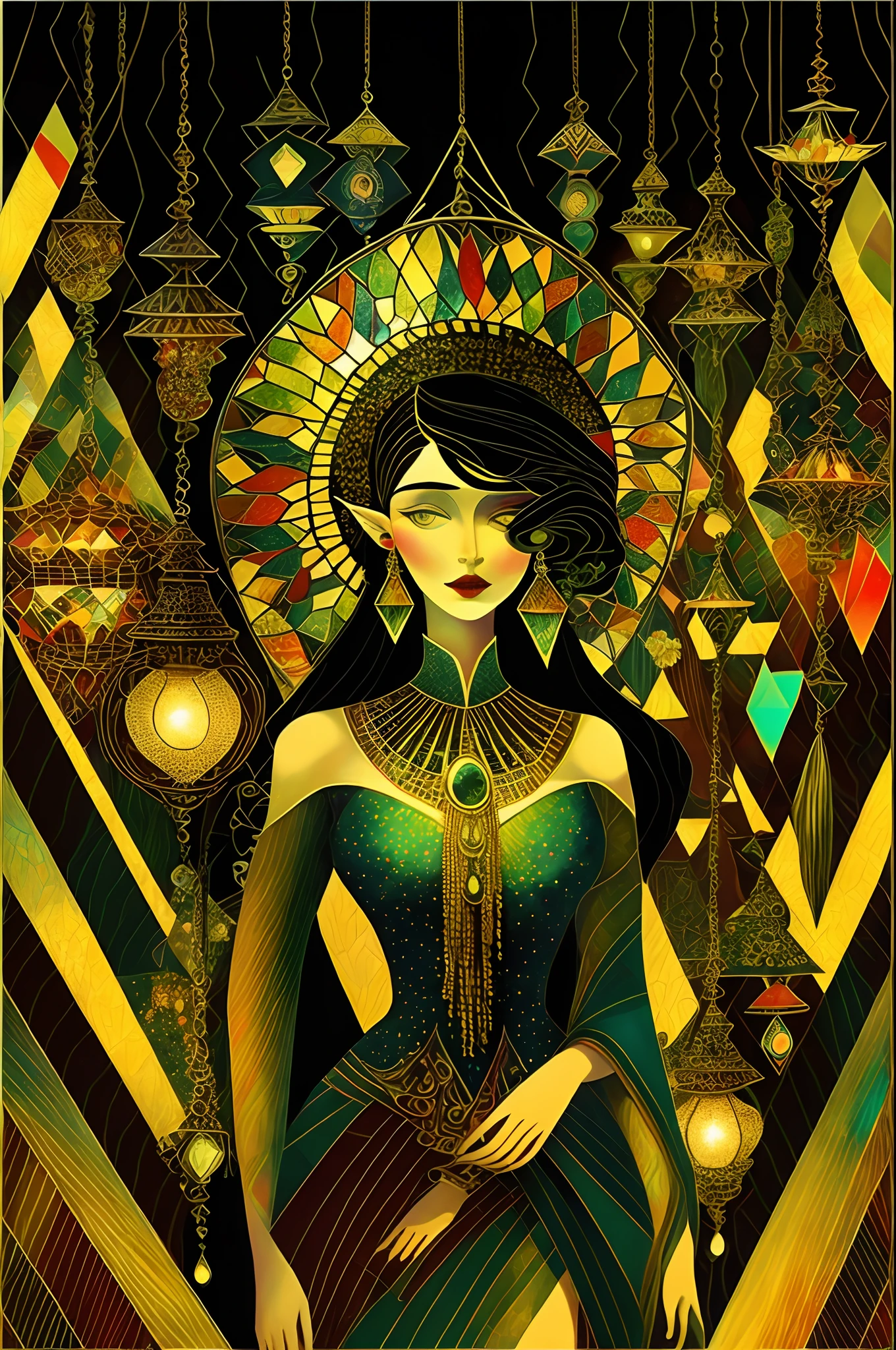 A [ curvy | voluptuous | beautiful ] gypsy odalisque in the middle of hanging turkish pendant lamps made of multicolored mosaic glass shade ,Kay Nielsen's [ colorful | vibrant ] ( ( HDR) masterpiece ( in geometric CCDDA artstyle ) )