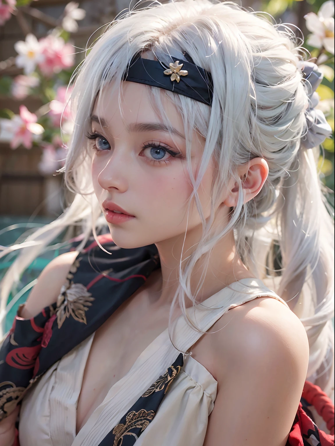 nsfw, 1girl, nude, (masterpiece: 1.4), (8K, realistic, raw photo, best quality: 1.4), skirtlift, strip naked, ninja, nipple areola shape clear, beautiful breasts, Japanese girl, beautiful cute face, (real face: 1.4), perfect pussy, beautiful hairstyle, realistic blue eyes, beautiful detail eyes, (real skin: 1.3), beautiful skin, attractive, ultra high resolution, ultra realistic, cinematic lighting, white colored hair, short hair, ancient Japan, ninja uniform, eastern fantasy, after sex, japanese garden