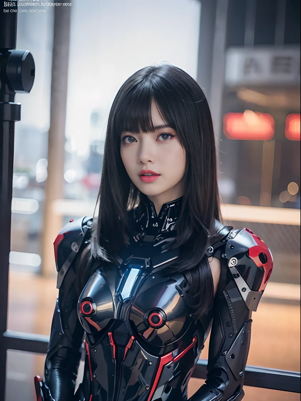 （Fight against mechanical robot soldiers）、top-quality、​masterpiece、超A high resolution、(Prostitute Sexy Pose),（Wearing a futuristic sun visor）、(Photorealsitic:1.4)、Raw photo、女の子1人、Black hair、glowy skin、((1 Mechanical Girl))、((super realistic details))、portlate、（Small LED lamp）、Wire tubes that glow all over the body、globalillumination、Shadow、octan render、8K、Armpit、ultrasharp、Colossal tits、Small LED lamp、Raw skin is exposed in cleavage、metals、blood vessels connected to tubes、Red bodysuit、Armpit、Cyberpunk city background、Details of complex ornaments、Japan details、highly intricate detail、Realistic light、CGSoation Trends、Blue eyes、radiant eyes、Facing the camera、neon details、（Helmet of the Brave）、Mechanical limbs、blood vessels connected to tubes、Mechanical vertebrae attached to the back、mechanical cervical attaching to neck、Wires and cables connecting to the head、Gundam、Small LED lamp、Toostock、Toostock、