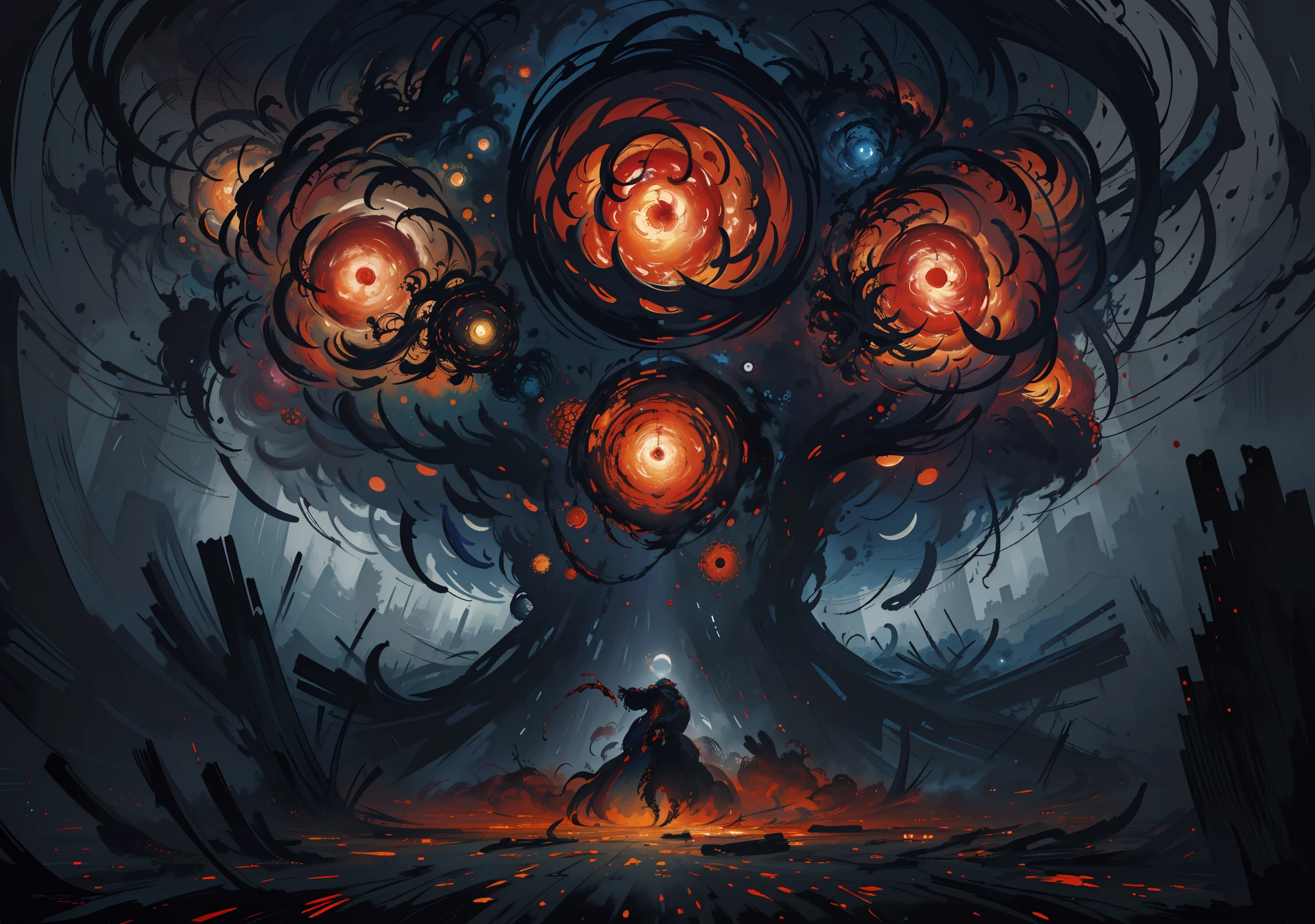 An abstract painting depicting the spread and impact of a virus. The artwork is created using vibrant colors and bold brushstrokes. The main focus of the painting is a swirling pattern that represents the virus, with intricate details and textures. The background is filled with dark hues to create a sense of urgency and fear. The quality of the image is of the best quality, with fine details and a high resolution, allowing viewers to appreciate the intricacies of the artwork. The lighting in the painting is dim and atmospheric, enhancing the mysterious and ominous atmosphere. The overall style of the painting is a combination of abstract and surrealism, capturing the chaos and complexity of the virus.