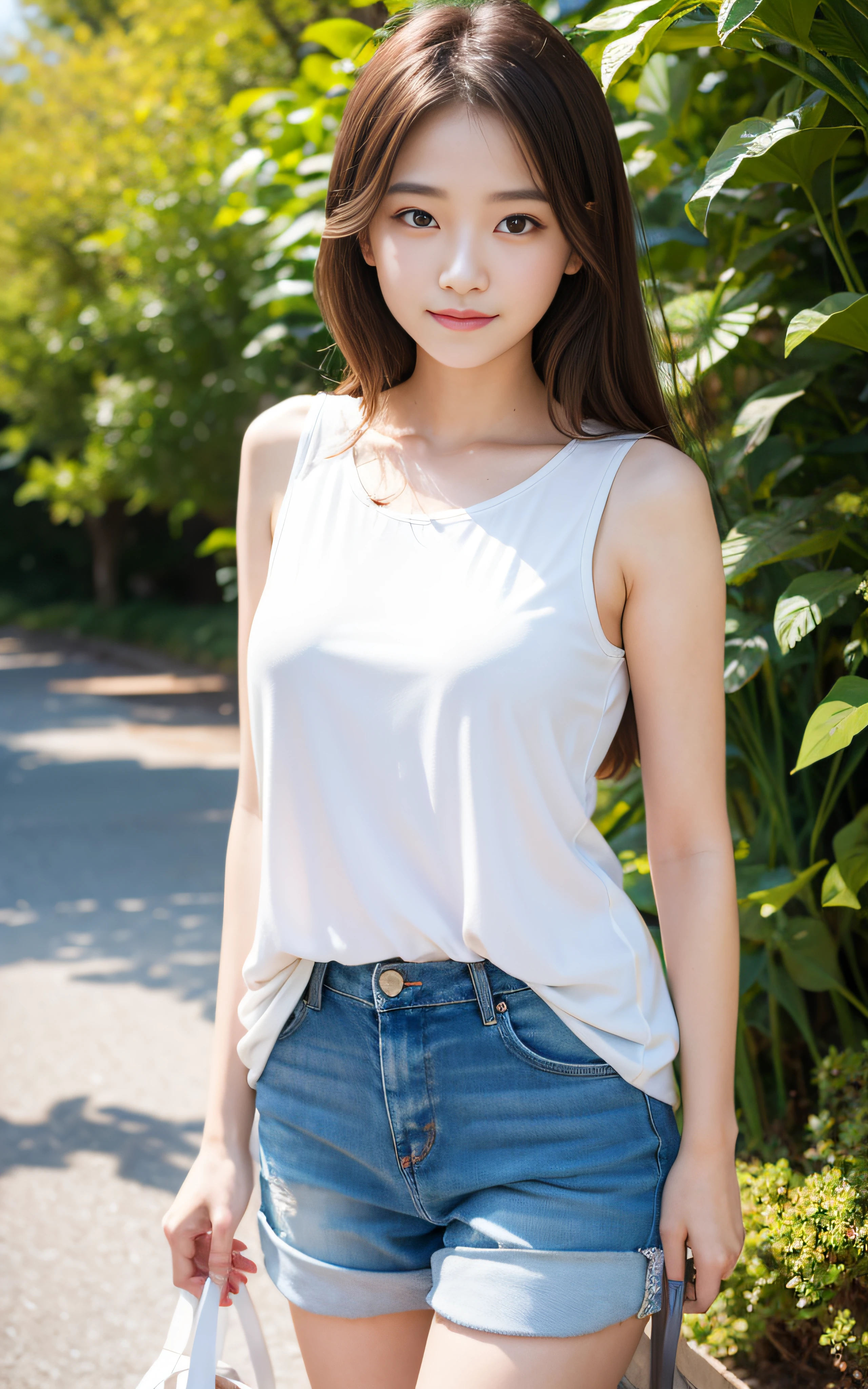 masutepiece, Best Quality, 8K, 1girl in, yo, Large breasts, Raw photo, Professional Photography, Portrait, Soft light, Professional Lighting, Solo, Full body, relax, Calm, Smile, Cute, Girly, Goddess, Delicate girl, Neat and clean beauty, Digital SLR, Looking away, Candid, Sophisticated, Film grain, (Eyes and faces with detailed:1.0), Medium hair swaying in the wind, Tank top, Short pants