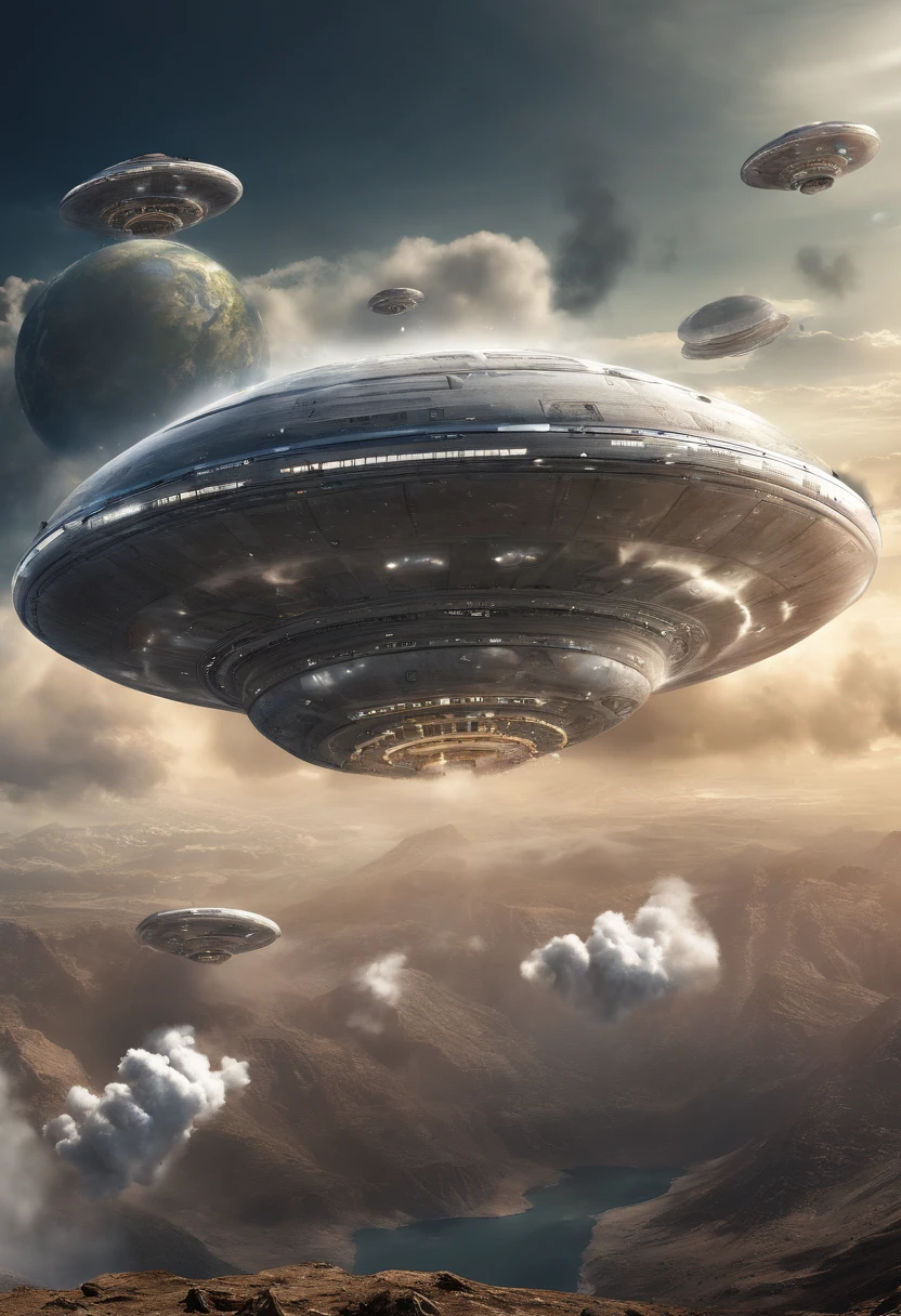 (best quality,4k,8k,highres,masterpiece:1.2),ultra-detailed,(realistic,photorealistic,photo-realistic:1.37),planet as background,flying saucers,clouds,smoke from engines,spaceships breaking through the atmosphere
