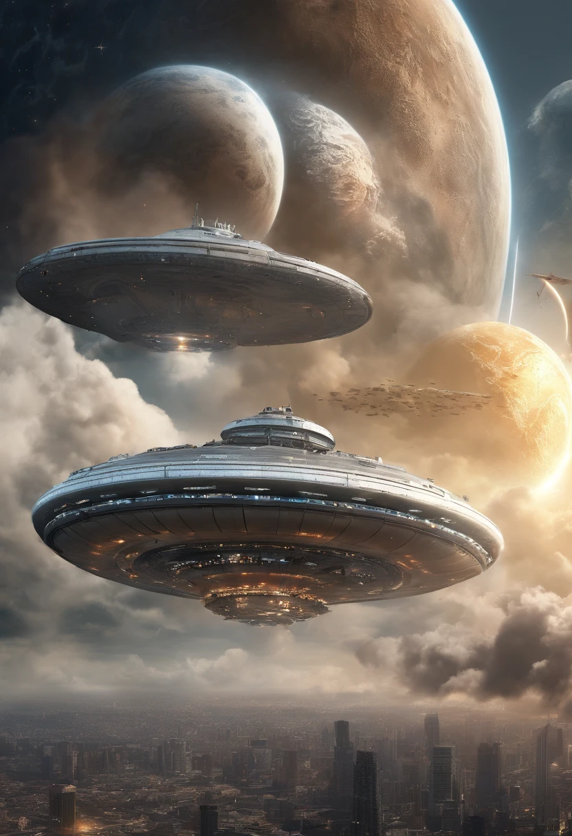 (best quality,4k,8k,highres,masterpiece:1.2),ultra-detailed,(realistic,photorealistic,photo-realistic:1.37),planet as background,flying saucers,clouds,smoke from engines,spaceships breaking through the atmosphere