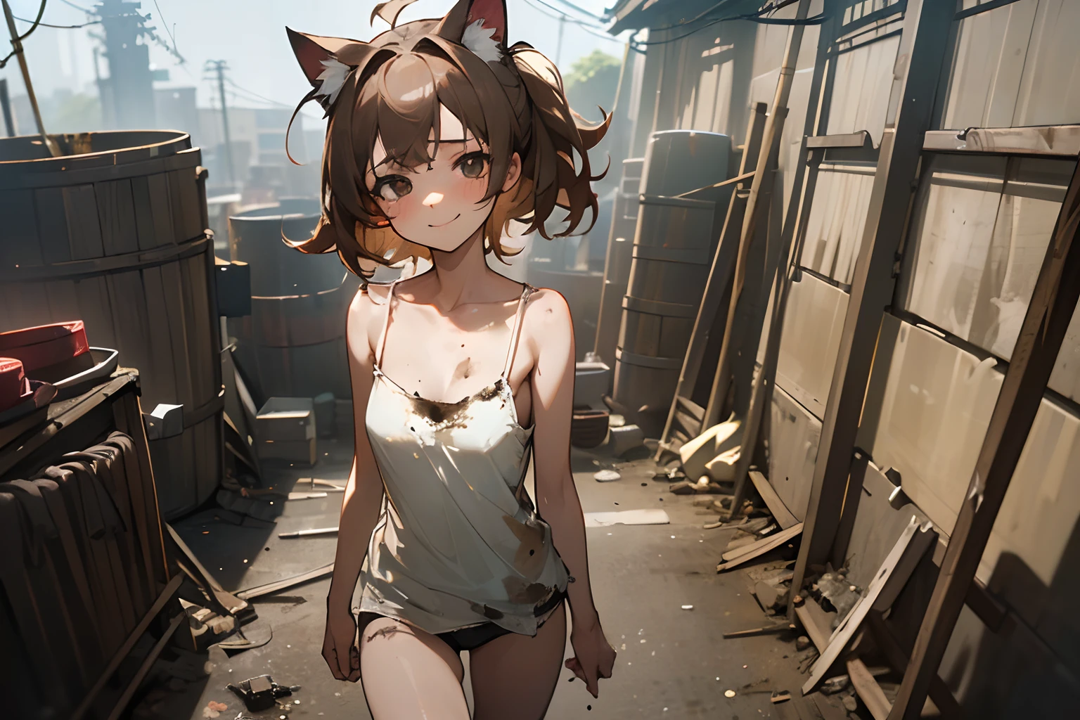 ((Masterpiece)), 8K, wide-shot, cinematic lighting, very messy hair, (exposed breast, badly tattered dirty white-camisole, Slender small breasts, Cheerful smile face), slum street, (manacles, walk), Textured skin, cat ears, dirty brown hair, Cute Beautiful girl