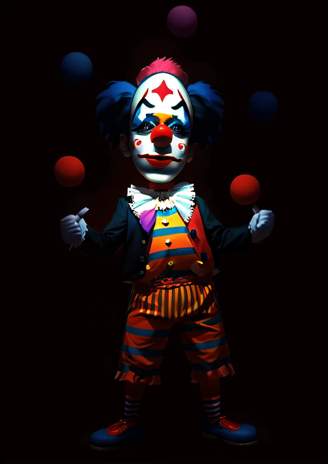 a group of clowns completely dressed in the character's typical costumes and makeup, dance frantically in a typical circus tent, done in the style of Andy Warhol, cinematic, high contrast illumination, extremely detailed, very sharp image