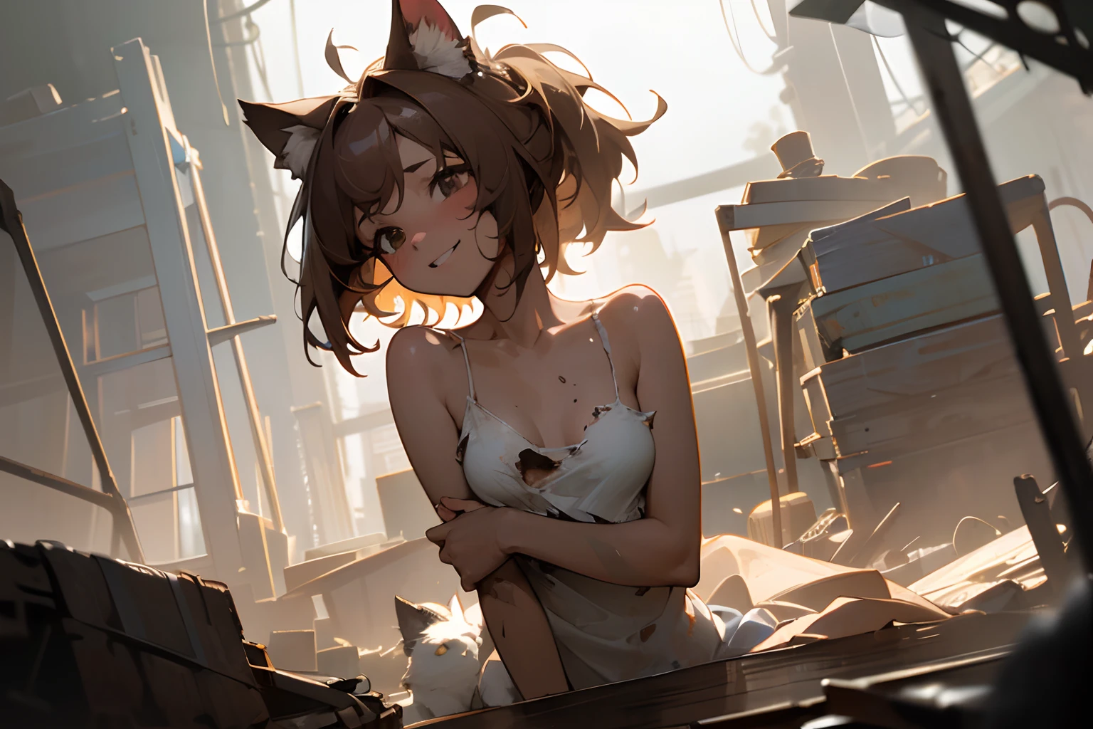 jackal Kemonomimi, a little potbelly recently ,long jackal Kemonomimi ,The inside of the kemomimi is yellow, blue eyes, , black hair , Attach the ribbon only to the left side of the twin tails , -hag/s,broken humanoid, The LCD in one eye is about to disappear, The limbs are not docked to the body,Wiring comes out from the body, Tattered artificial skin, MOVABLE PART STRUCTURE OF ROBOT,Empty eyes, sitting down, Complete nudity, ancient Egyptian necklaces, and ancient Egyptian ornaments, Exposed nipples, pussy and breasts,Arms are missing, legs are missing, The artificial skin is peeling off in places,Among the crumbling ancient ruins, Rubble around,broken mechanical limbs,lean against the wall, Closed room, a lethargic face,burning underground ruins ,Inside the ruins that caught fire , burnt body, melted,The missing parts are terrible,completely destroyed, Lie down on your side, Lost limbs, Mouth half open; From the mouth to the tongue,robot joints, limb loss,Sparks from the joints,Scrap humanoid without arms and legs, Inside the collapsed pyramids of ancient Egypt, The whole body is old, old, old, covered in dust,The paint on ancient Egyptian ornaments is peeling off. burning underground room,The only light is the liquid crystal in my right eye and a slight spark coming from my joints.