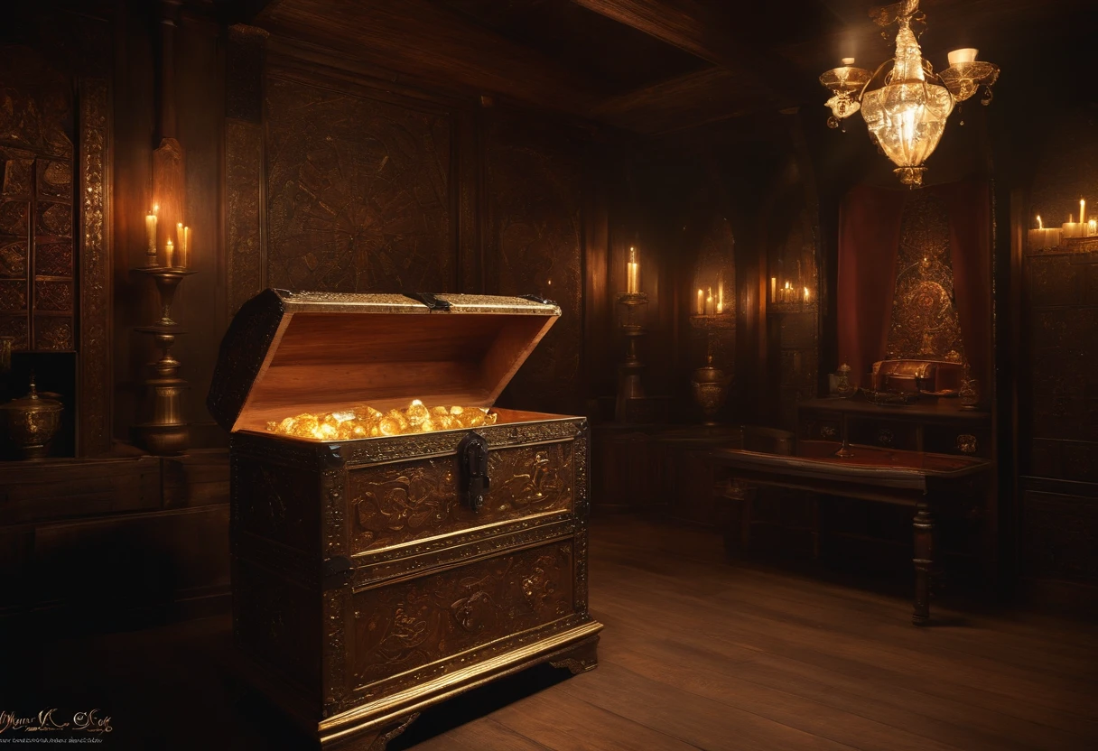 Large treasure chest, Medieval hall, dark, Treasure Room, gold, gem