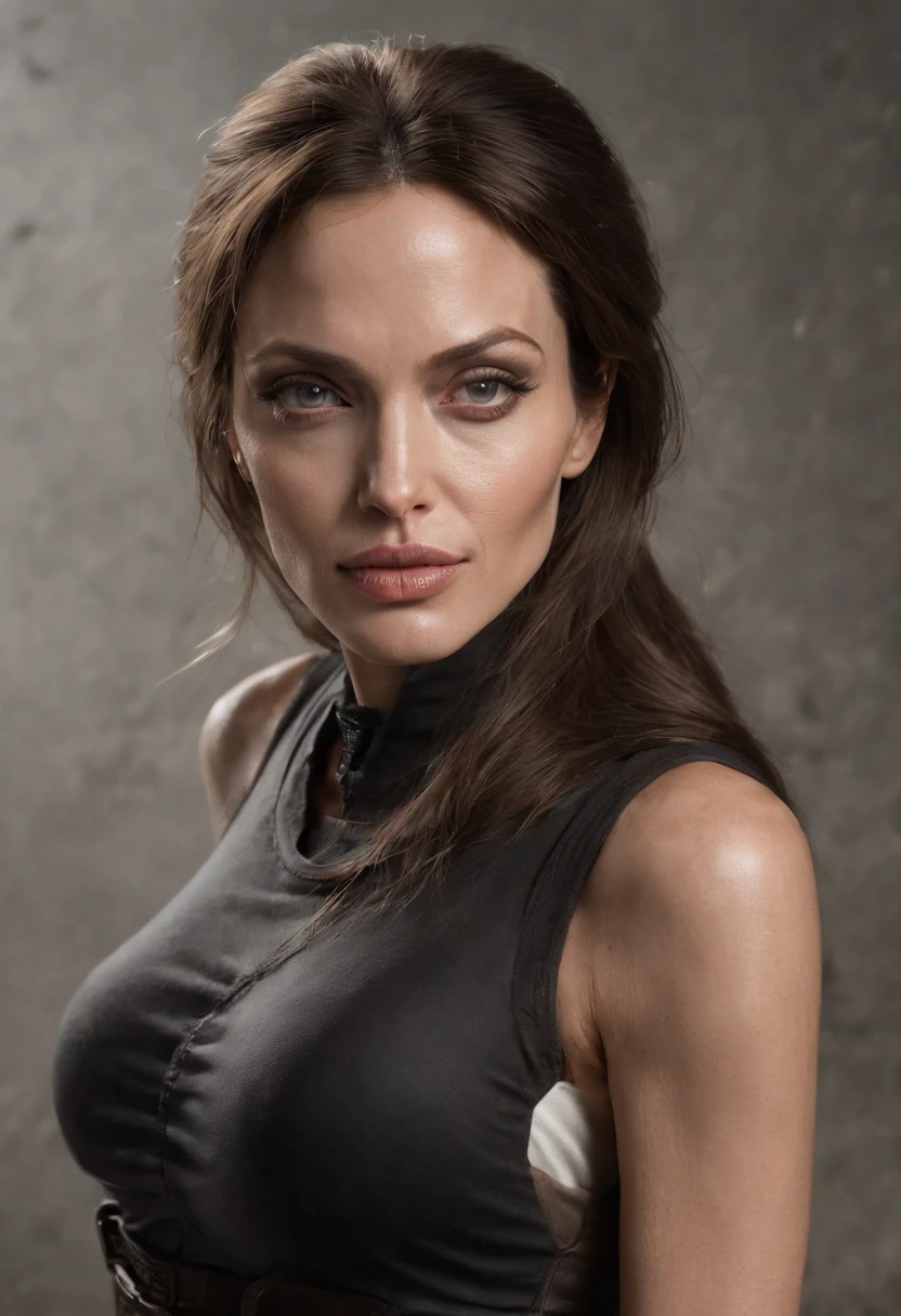 Angelina Jolie big-breasted hanging breasts in a bra sits in an abandoned factory gray clouds autumn rain evening selfie