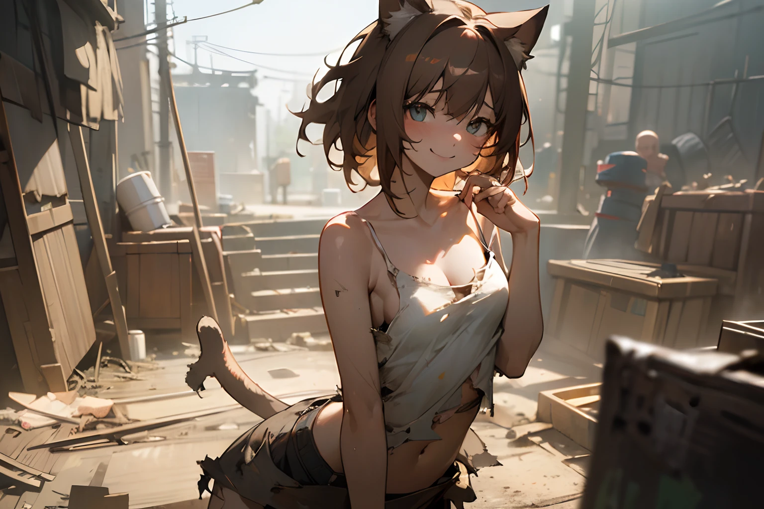 ((Masterpiece)), 8K, wide-shot, cinematic lighting, very messy hair, (exposed breast, badly tattered and torn dirty white-camisole, Slender small breasts, Cheerful smile and open mouth face), slum square, (heavy handcuffs, sit on a chair), Textured skin, cat ears, dirty brown hair, Cute Beautiful girl