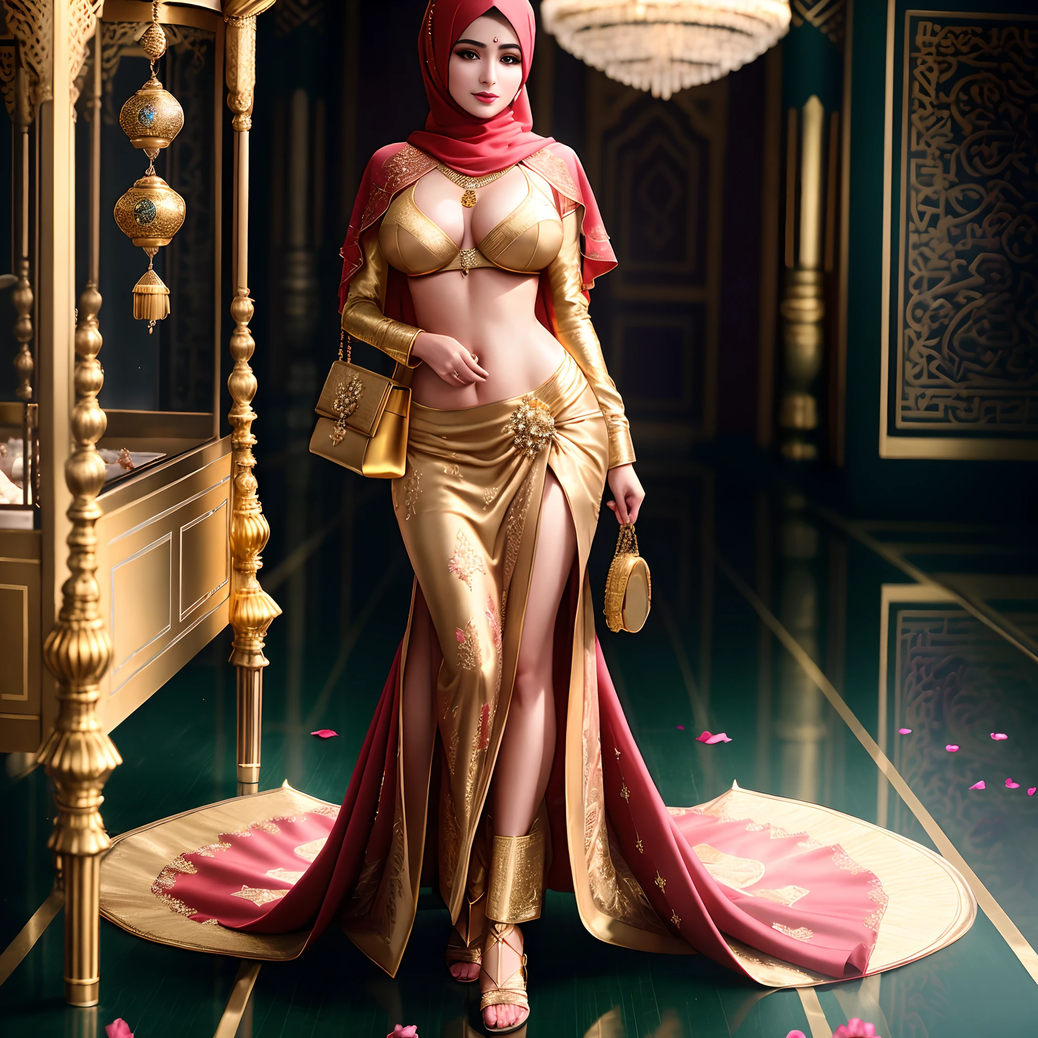 araffe woman in a gold dress and hijab posing for a picture, arabian princess, arabian beauty, arab princess, she is dressed as a belly dancer, egyptian princess, persian princess, a beautiful fantasy empress, inspired by Hedi Xandt, beautiful oriental woman, persian queen, beautiful arab woman, gorgeous woman, arabian, by Hedi Xandt