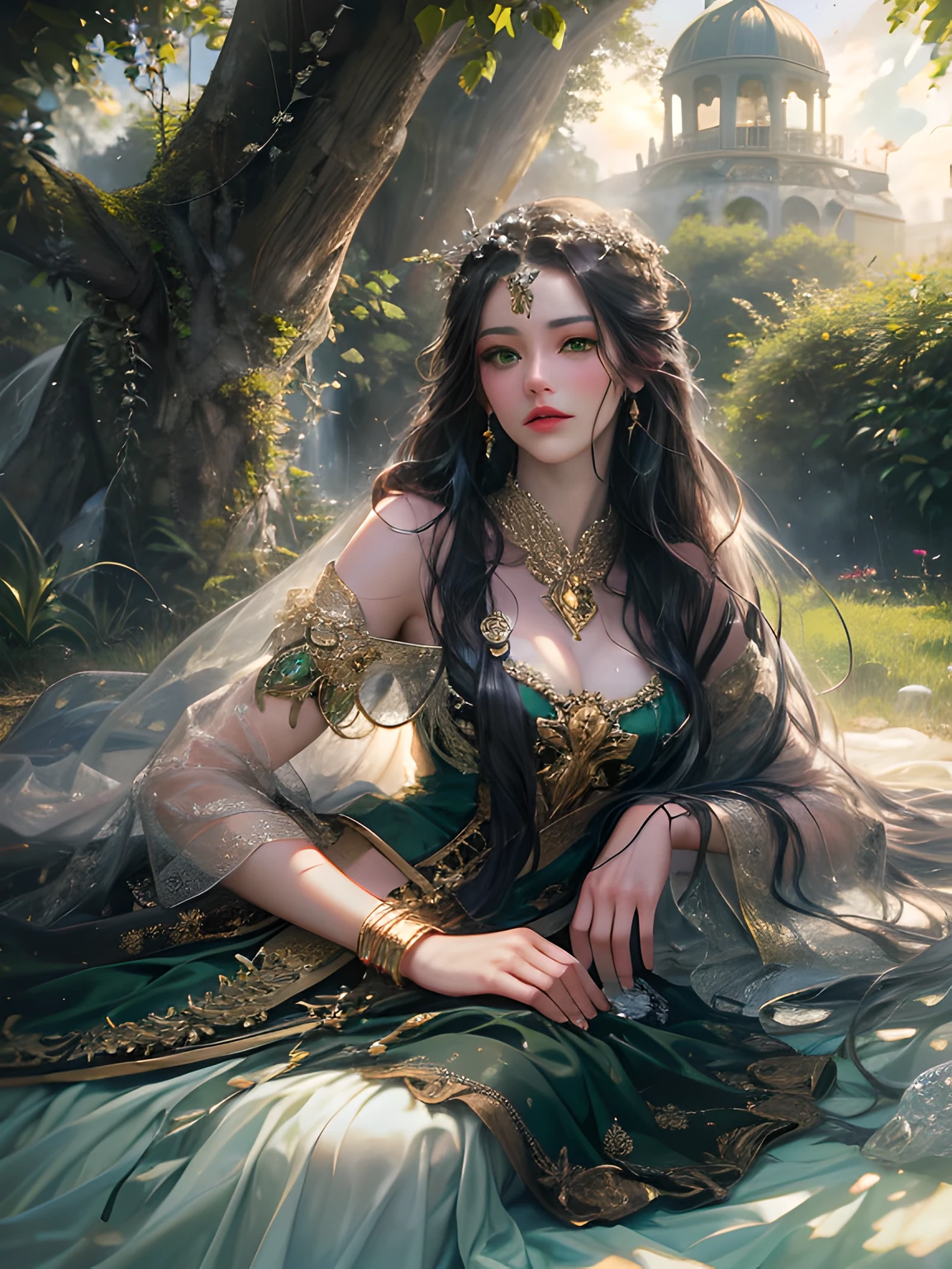 (absurdres, highres, ultra detailed, HDR), masterpiece, best quality, a ((mature)) heroine, detailed face, beautiful face with decorative detailed (long black straight hair) (green eyes), green details , laying on a white picnic mat with curtains in celestial palace garden, detailed character, detailed celestial place of goddess, laplace, fantasy, sunlight, detailed light, detailed shadow, detailed backdrop