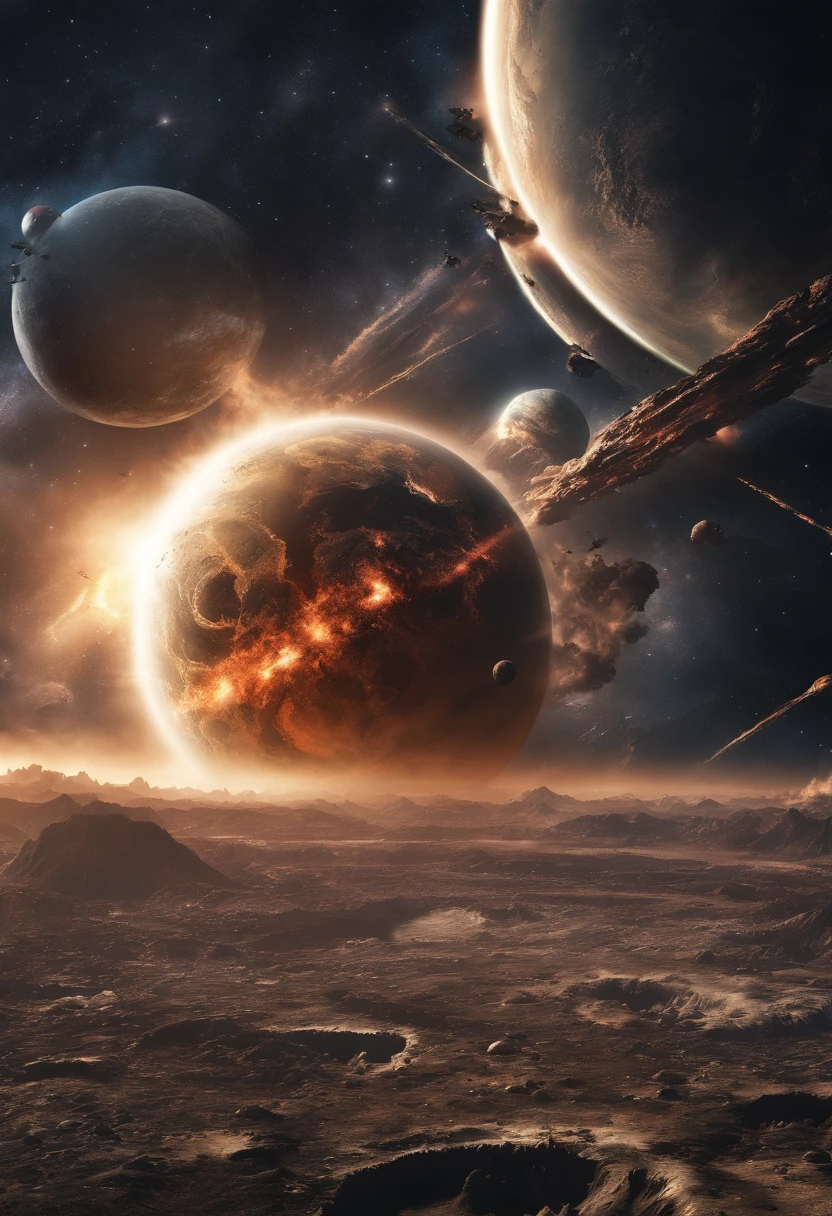 arafed view of a planet with a lot of rockets flying around it, missiles explosions in the sky, nuclear explosion from space, missile explosions, space atmosphere, meteors falling, shot from space, cosmic atmosphere light flares, meteors are falling from the sky, looming over earth in space, looming over earth, looming over the earth, meteors, space photography