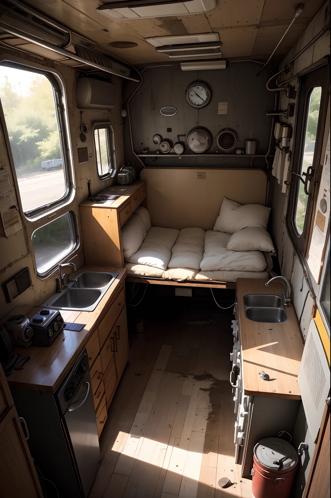 interior, interior of an old van, destroyed, mad scientist equipment, science equipment