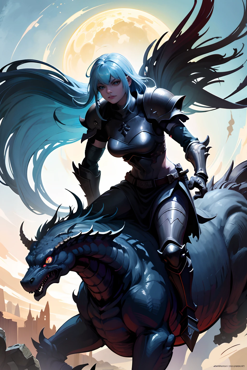 Lady Knight，eyes glowing，Ride on a giant monster, Ride monsters, Epic fantasy digital art style, epic fantasy sci fi illustration, Epic fantasy art style, Epic fantasy art style HD, epic full color illustration, inspired by Aleksi Briclot, riding a cyborg raptor, epic fantasy card game art, Epic fantasy style art, epic fantasy illustration, epic rpg artwork