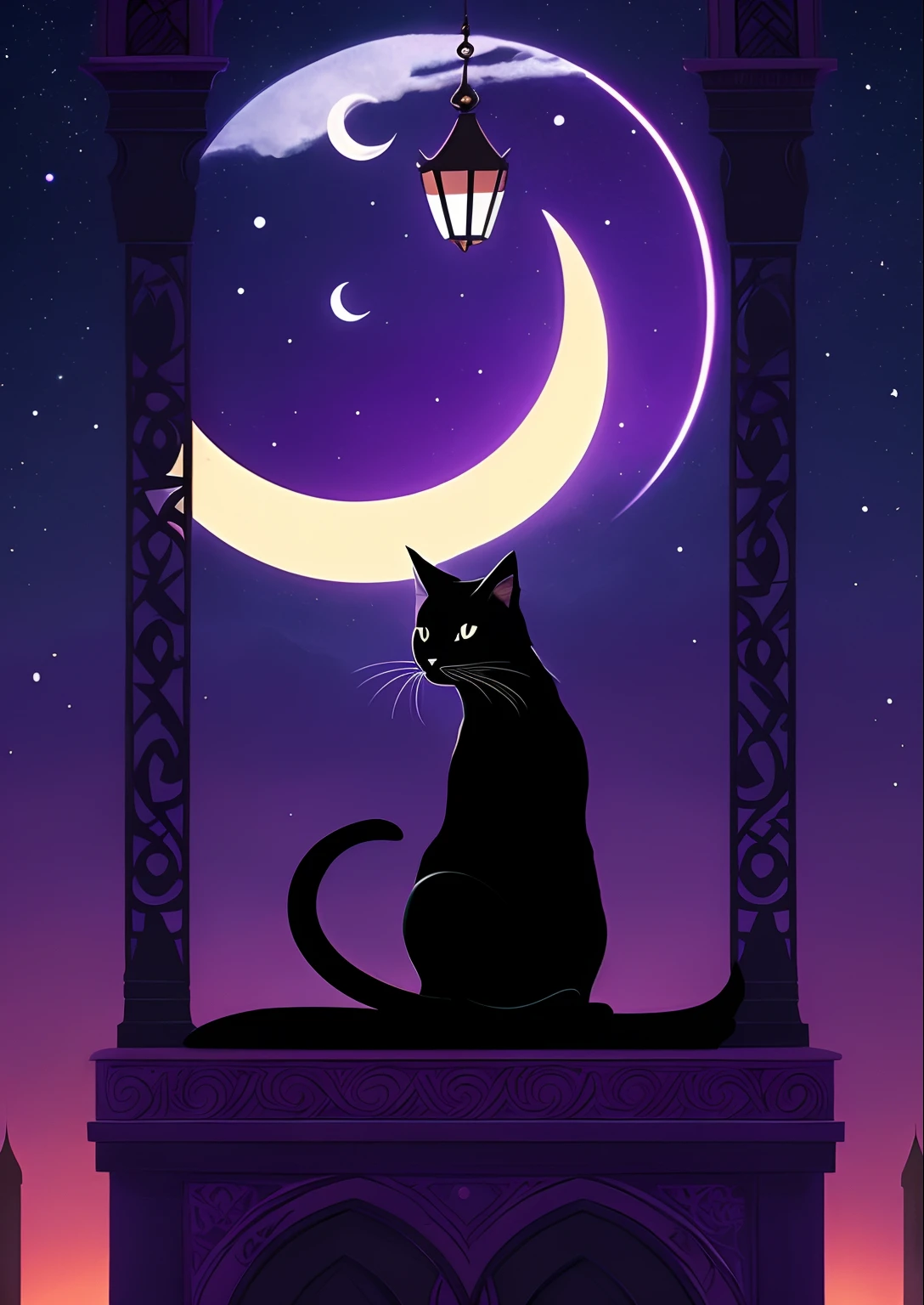 There is a black cat sitting on a ledge with a crescent, gato preto, gato preto, gato roxo, lua negra gaint, noite calma. digital illustation, ✨🕌🌙,  [ Tarot card ]!!!!!, 3 0, Um escuro, Someone, gato preto