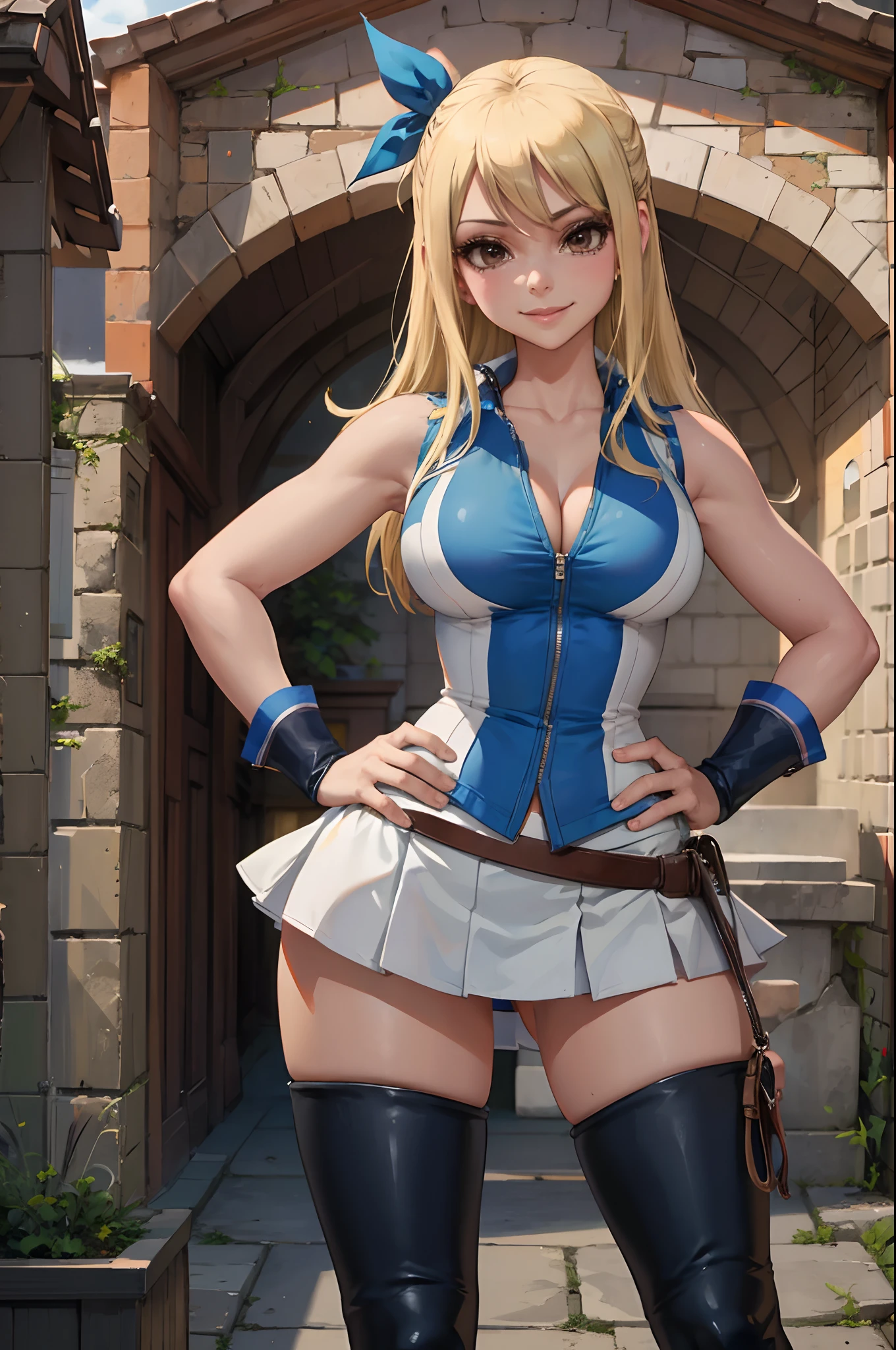 (masterpiece, best quality:1.2), solo, 1girl, lucy heartfilia, smile, looking ta viewer, hands on hips, blue sleeveless, miniskirt, thigh boots