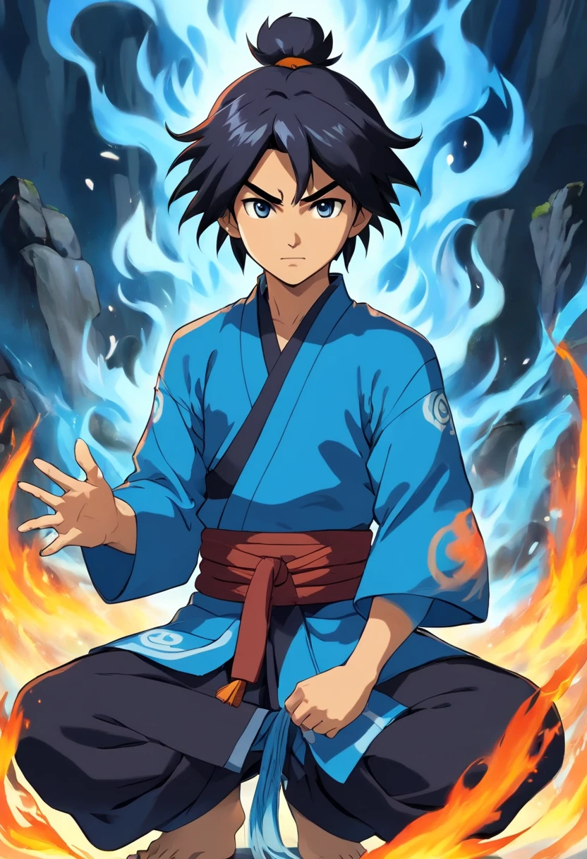 Anime do Studio Ghibli, melhor qualidade, anime, , Ryu, Fire Nation Clothing, Ryu (Sopro de Fogo), masculino, universo (avatar the last airbender), sozinho, cabelo pretos, fogo em volta do corpo, Chamas azuis intensas, chamas azuis pelo corpo, fogo azul claro, safira, Escuro, Cabelo samurai, olhos fechados, Meditando, sentado, Avatar Meditation, 16 anos, Fundo Cachoeira, Ryu sopro de fogo, Garoto, masculine traits, Dominador de Fogo azul, - Avatar Universe or Last Airbender, mestre do fogo azul, Black Fire Nation Clothing, Blusa preta, Luvas pretas, Garganta alta, Baggy Puffy Pants, camisa preta de manga comprida por baixo da blusa, Blue Flames.