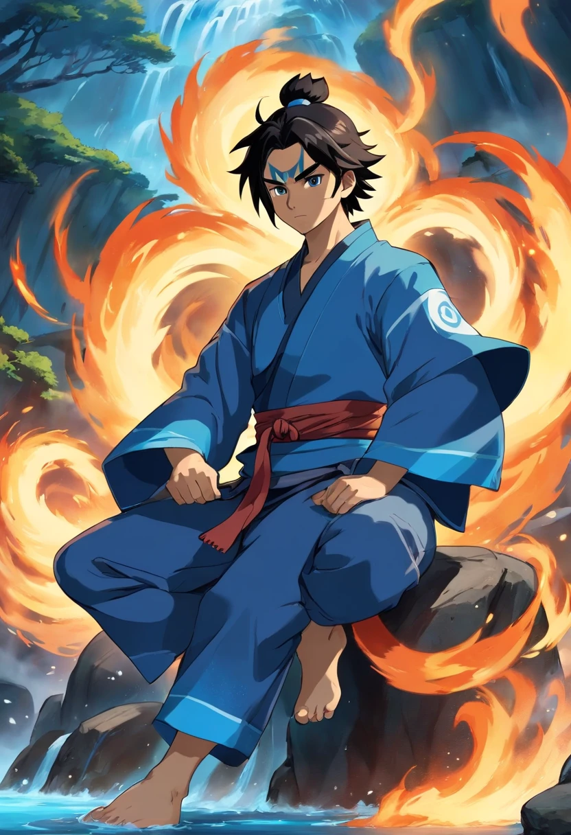 Anime do Studio Ghibli, melhor qualidade, anime, , Ryu, Fire Nation Clothing, Ryu (Sopro de Fogo), masculino, universo (avatar the last airbender), sozinho, cabelo pretos, fogo em volta do corpo, Chamas azuis intensas, chamas azuis pelo corpo, fogo azul claro, safira, Escuro, Cabelo samurai, olhos fechados, Meditando, sentado, Avatar Meditation, 16 anos, Fundo Cachoeira, Ryu sopro de fogo, Garoto, masculine traits, Dominador de Fogo azul, - Avatar Universe or Last Airbender, mestre do fogo azul, Black Fire Nation Clothing, Blusa preta, Luvas pretas, Garganta alta, Baggy Puffy Pants, camisa preta de manga comprida por baixo da blusa, Blue Flames.