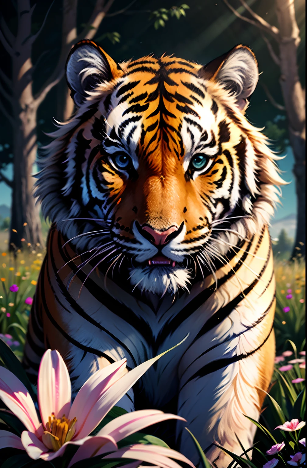 a stunning photo of a solo white tiger surrounded by plants in a flower meadow, 8k resolution concept art( intricate details:1.2), sunlight, (high quality:1.2), trending on artstation, 8k, absurdres, extremely detailed fur, (close up:1.1)