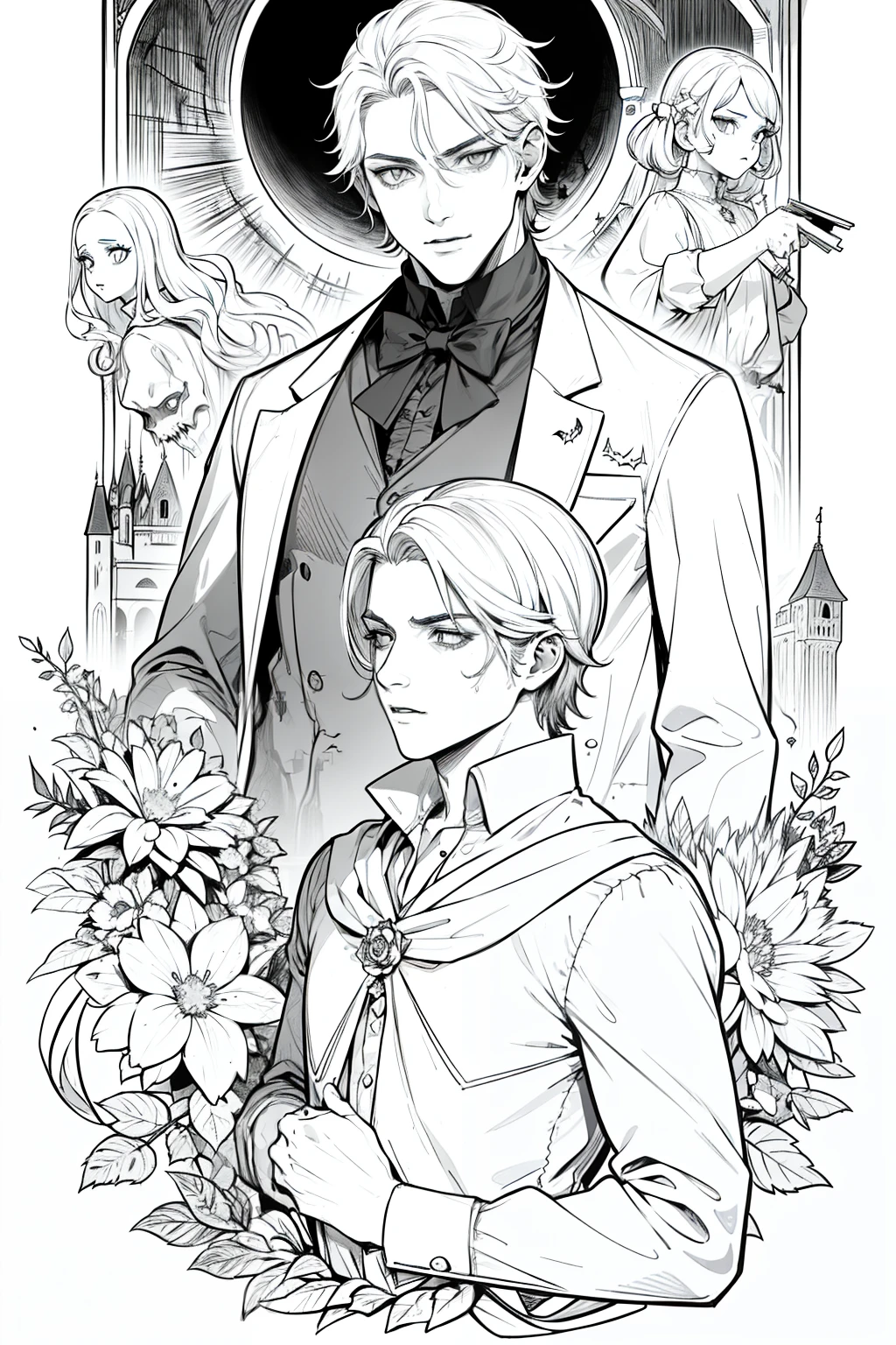 Obra maestra, superlativo, young vampire male very masculine, solamente, Halloween , castle fondo blanco, monocromo, line drawing, ((bosquejo)), spooky, spooky Halloween , white eyes, correct ???????,