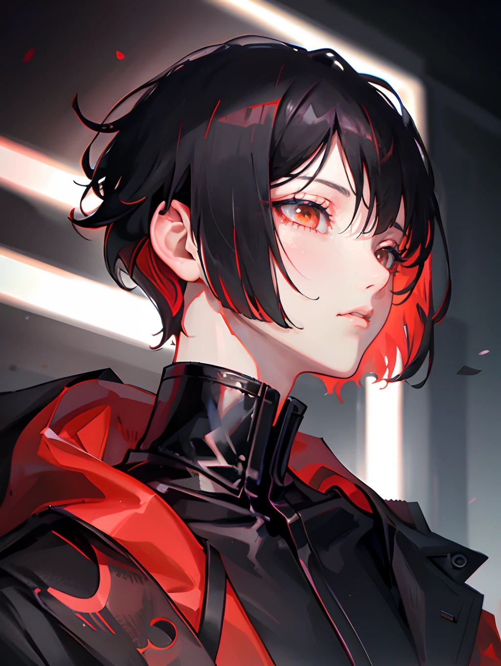 1boy, portrait, androgynous, feminine face, apathetic, black hair, short back hair, long bangs, side parted bangs, red inner hair, coat, jacket, sci-fi