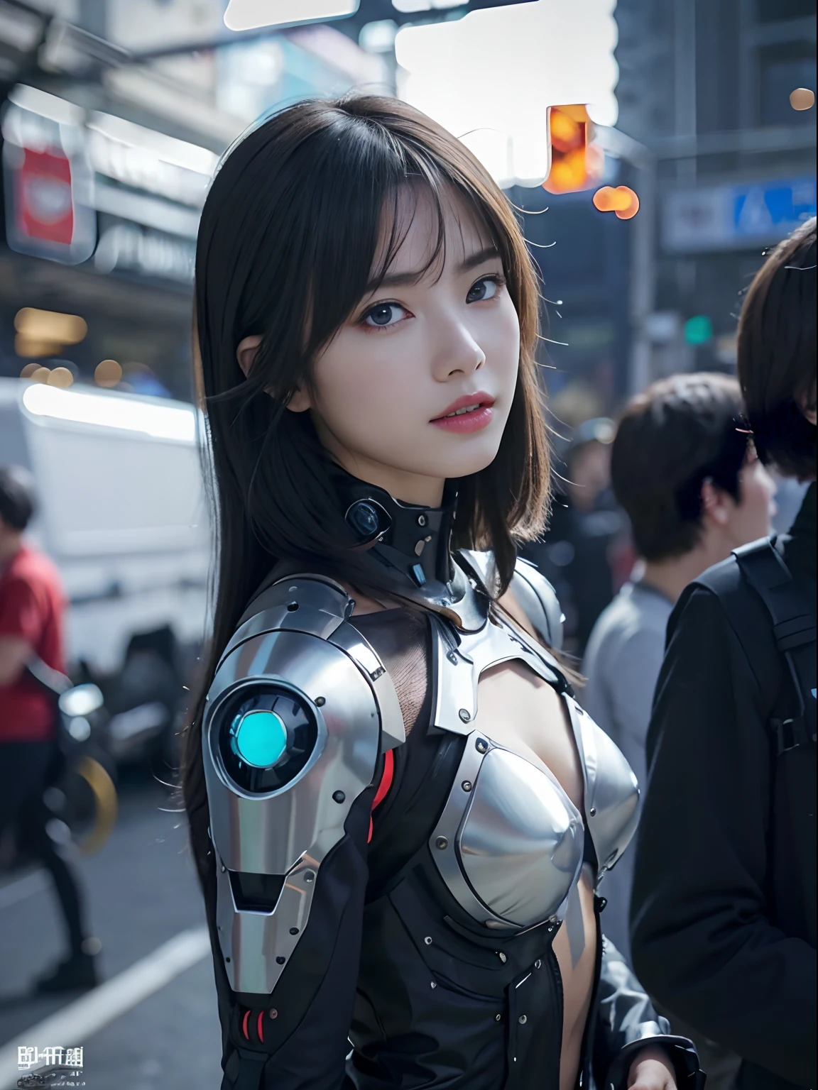 high quality, masterpiece, Two close friends, Beautiful teenage girl, skinny, small skinny girls, Cute girl face, You can see the bare skin next to her breasts, Bare skin visible through the gap, Pubic hair visible through the gap, cyber punk, Wearing futuristic robotic tactical armor cyber punk suit with cutouts showing abs, An athletic body, Innocent, Playful, Famous Japanese actresses, Very beautiful face