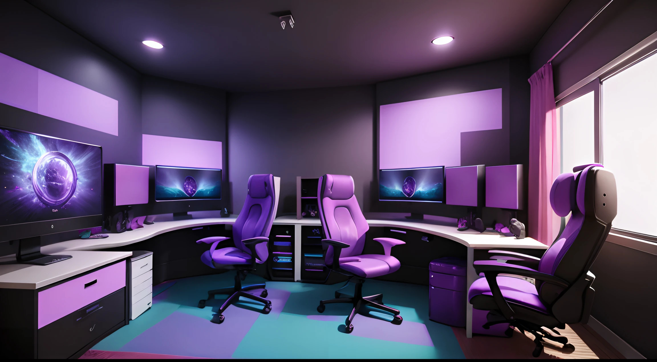 gamer girl room, computers, purple theme, fantasy style, two chairs