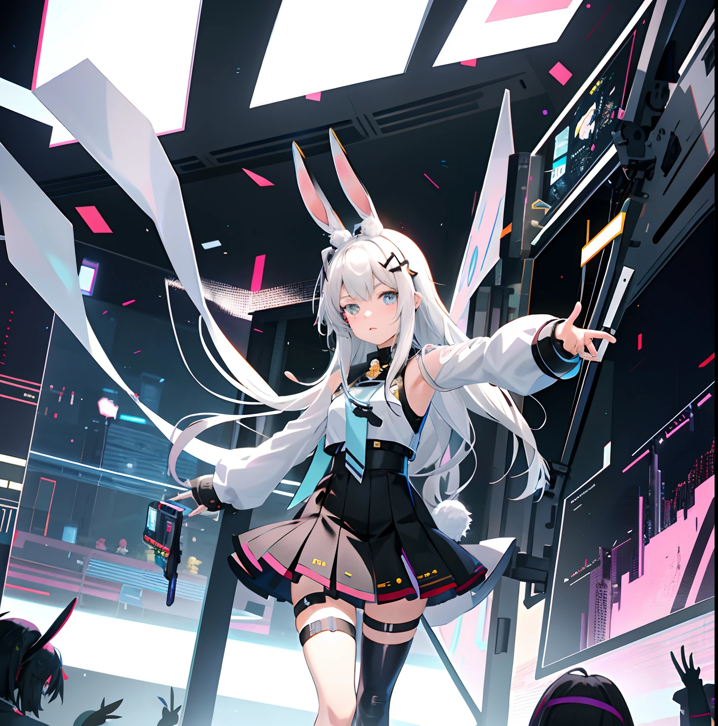 Anime bunny girl teacher with white hair, and magenta-green heterochromia walking down a street