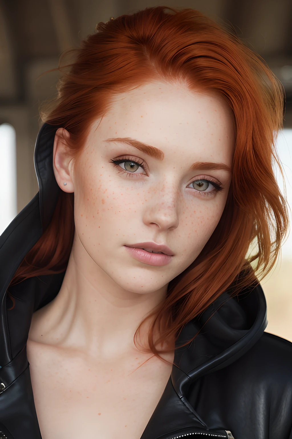 redhead haired woman with freckled hair and leather jacket, ginger hair with freckles, red hair and freckles, light freckles, red haired young woman, a redheaded young woman, light cute freckles, very light freckles, woman with freckles, soft freckles, freckled pale skin, portrait of a beautiful model, with freckles, hint of freckles, woman with red hair, cute freckles, close up