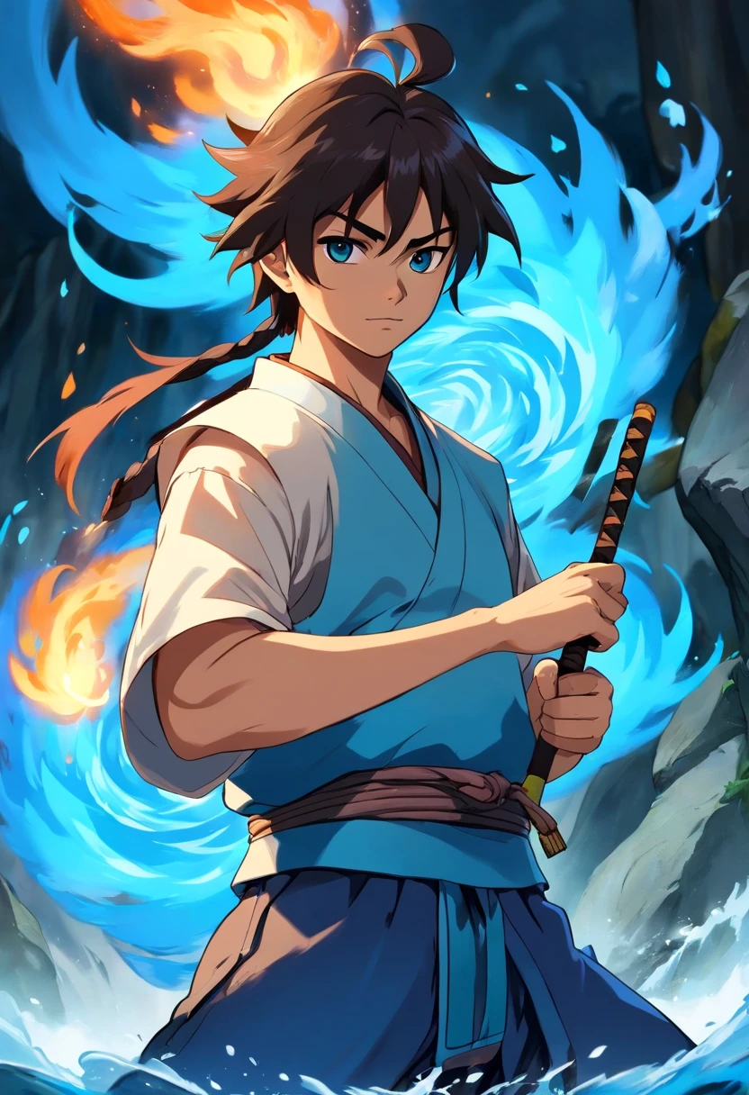 Anime do Studio Ghibli, melhor qualidade, anime, 1st grade, Ryu, Fire Nation Clothing, Ryu (Sopro de Fogo), masculino, universo (avatar the last airbender), sozinho, cabelo pretos, fogo em volta do corpo, Chamas azuis intensas, chamas azuis pelo corpo, fogo azul claro, safira, Escuro, Cabelo samurai, olhos fechados, Meditando, sentado, Avatar Meditation sentado, 16 anos, Fundo Cachoeira, Ryu sopro de fogo, Garoto, masculine traits, Dominador de Fogo azul, - Avatar Universe or Last Airbender, mestre do fogo azul, Black Fire Nation Clothing, Blusa preta, Luvas pretas, Garganta alta, Baggy Puffy Pants, camisa preta de manga comprida por baixo da blusa, Blue Flames.