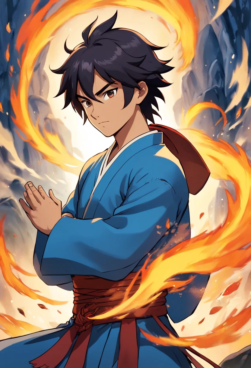 Anime do Studio Ghibli, melhor qualidade, anime, , Ryu, Fire Nation Clothing, Ryu (Sopro de Fogo), masculino, universo (avatar the last airbender), sozinho, cabelo pretos, fogo em volta do corpo, Chamas azuis intensas, chamas azuis pelo corpo, fogo azul claro, safira, Escuro, Cabelo samurai, olhos fechados, Meditando, sentado, Avatar Meditation sentado, 16 anos, Fundo Cachoeira, Ryu sopro de fogo, Garoto, masculine traits, Dominador de Fogo azul, - Avatar Universe or Last Airbender, mestre do fogo azul, Black Fire Nation Clothing, Blusa preta, Luvas pretas, Garganta alta, Baggy Puffy Pants, camisa preta de manga comprida por baixo da blusa, Blue Flames.