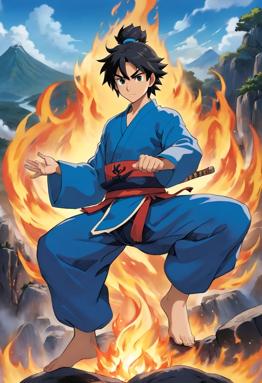 Anime do Studio Ghibli, melhor qualidade, anime, 1st grade, Ryu, Fire Nation Clothing, Ryu (Sopro de Fogo), masculino, universo (avatar the last airbender), sozinho, cabelo pretos, fogo em volta do corpo, Chamas azuis intensas, chamas azuis pelo corpo, fogo azul claro, safira, Escuro, Cabelo samurai, olhos fechados, Meditando, sentado, Avatar Meditation sentado, 16 anos, Fundo Cachoeira, Ryu sopro de fogo, Garoto, masculine traits, Dominador de Fogo azul, - Avatar Universe or Last Airbender, mestre do fogo azul, Black Fire Nation Clothing, Blusa preta, Luvas pretas, Garganta alta, Baggy Puffy Pants, camisa preta de manga comprida por baixo da blusa, Blue Flames.