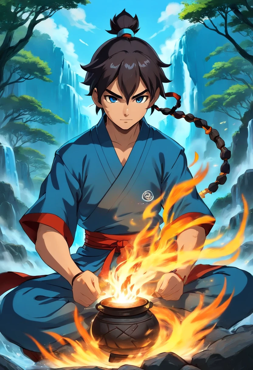 Anime do Studio Ghibli, melhor qualidade, anime, 1st grade, Ryu, Fire Nation Clothing, Ryu (Sopro de Fogo), masculino, universo (avatar the last airbender), sozinho, cabelo pretos, fogo em volta do corpo, Chamas azuis intensas, chamas azuis pelo corpo, fogo azul claro, safira, Escuro, Cabelo samurai, olhos fechados, Meditando, sentado, Avatar Meditation sentado, 16 anos, Fundo Cachoeira, Ryu sopro de fogo, Garoto, masculine traits, Dominador de Fogo azul, - Avatar Universe or Last Airbender, mestre do fogo azul, Black Fire Nation Clothing, Blusa preta, Luvas pretas, Garganta alta, Baggy Puffy Pants, camisa preta de manga comprida por baixo da blusa, Blue Flames.
