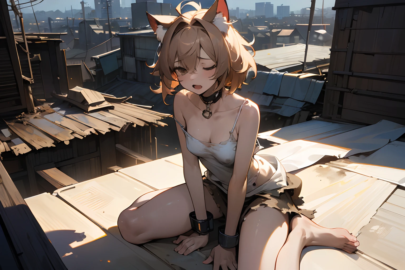 ((Masterpiece)), UHD, wide-shot, cinematic lighting, messy hair, (wet and dirty white-dress, slightly exposed nipples, Slender small breasts, shy and blush face), (long chains, Heavy handcuffs), Textured skin, devil's horn, light gold hair, Cute Beautiful girl, sit on the ground, Urban Cityscape