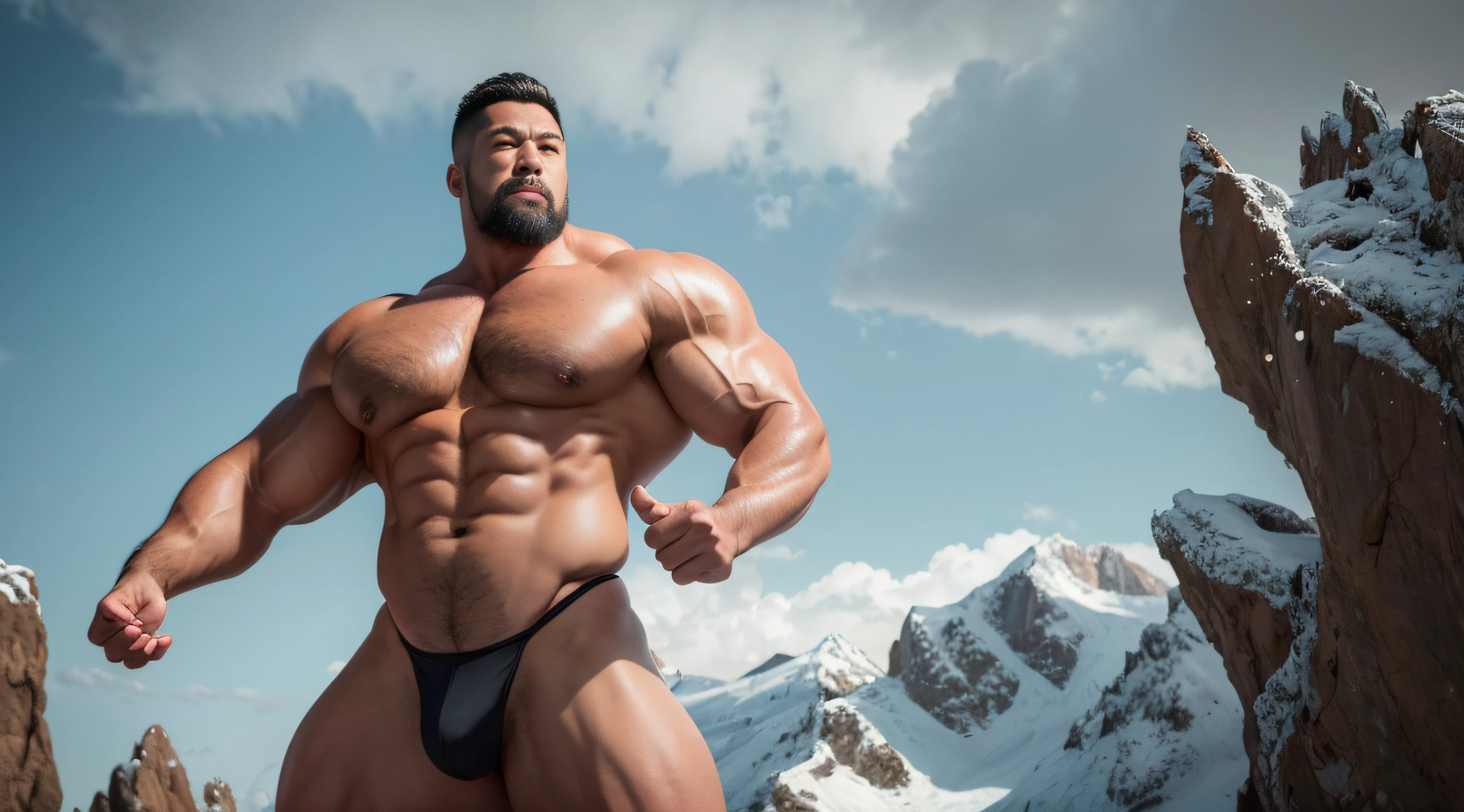 (Extremely detailed 8k wallpaper), A strong Chinese man,standing in the snowy mountain,High detail, Dramatic ,Epic,short detailed hair,short mustache,Wear white thongs,Perfect figure with tattoos, Very huge and strong body, Bulging muscles, musculous, Very large pectoral muscles,Very sexy abs,The legs are muscular,Tall and mighty,Exposed Body,Wear bright gold thongs,Tall and burly,toned figure,Huge genital bulging area,Brightens oily skin,Muscular,photo hyper realistic, artsy photography, oil on the canvas, hyper HD, 32K, super sharp focus,