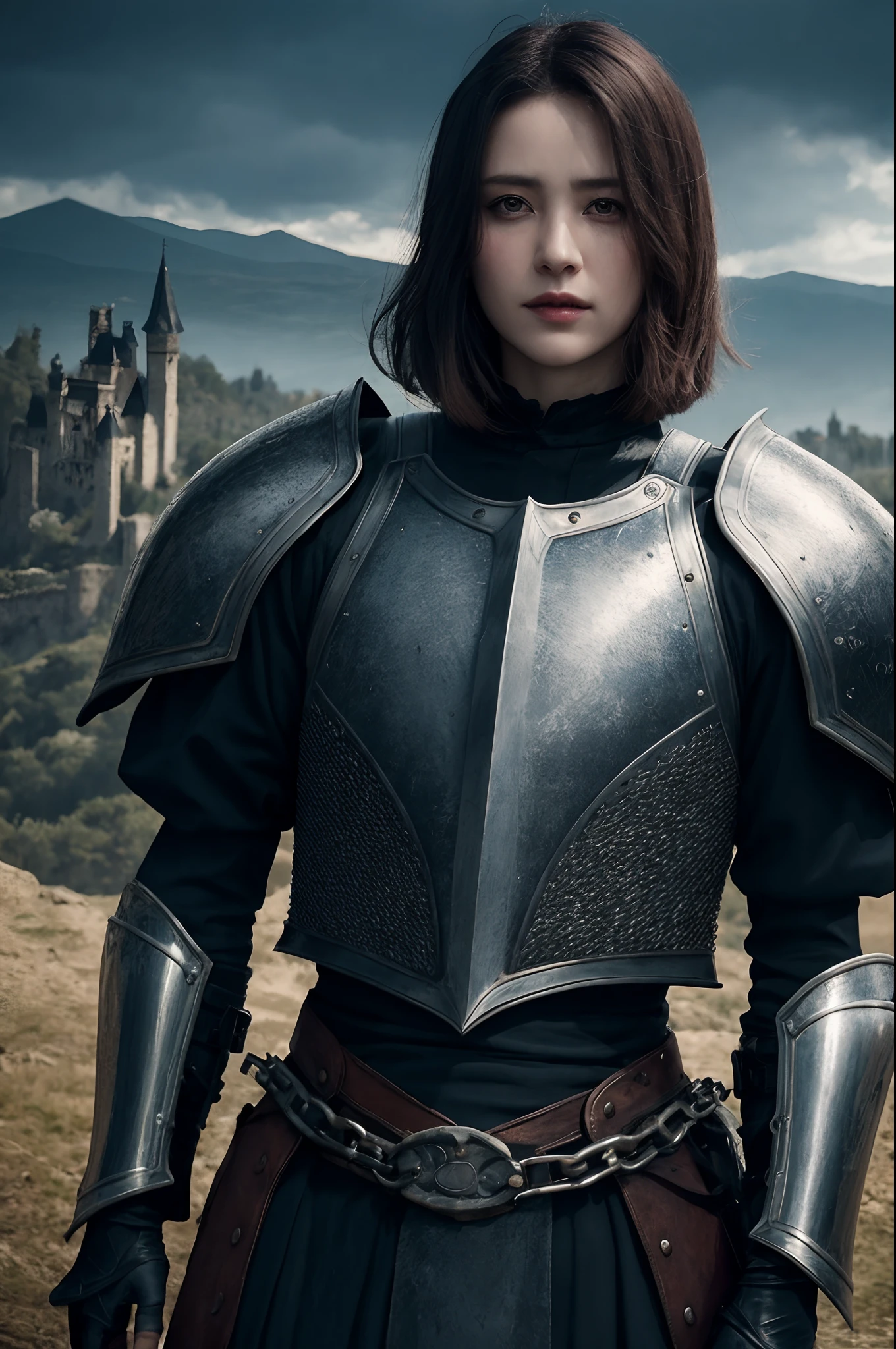 realisticlying，top-quality，tmasterpiece，cinematic compositions，slow motion，18yo Girl（Medium shot of medieval knights，Gloomy and weathered face，whaite hair：1.2），Chain mail and plate armor，（Realistic and detailed|Complex armor：1.1），（Visible face：1.3），（Realistic physiognomy|The eye|irises|The skin|Muscle tissue，Detailed skins，skin textures，Natural skin），（Holding a sword in hand：1. 2）， Frontal perspective，Imposing and firm posture，Look forward firmly，skin blemish，Natural skin wrinkles，Natural skin spots，Highly detailed clothes，rich details​，intricately details，Realistic wrinkles in clothes，Medieval fantasy landscape，mostly cloudy sky，Castle in the background in the distance，Radiant illumination，deep shading，dramatic scene，Dark and cool tones，Blue and gray tones， There are no other characters in the scene，detail-rich|复杂，Detailed landscapes，Volumetriclighting，（Detailed lighting），（Detailed light reflection on armor：1.1），8k，highly details，UHD，HDR，Realistic Facial Expression|Hairstyles