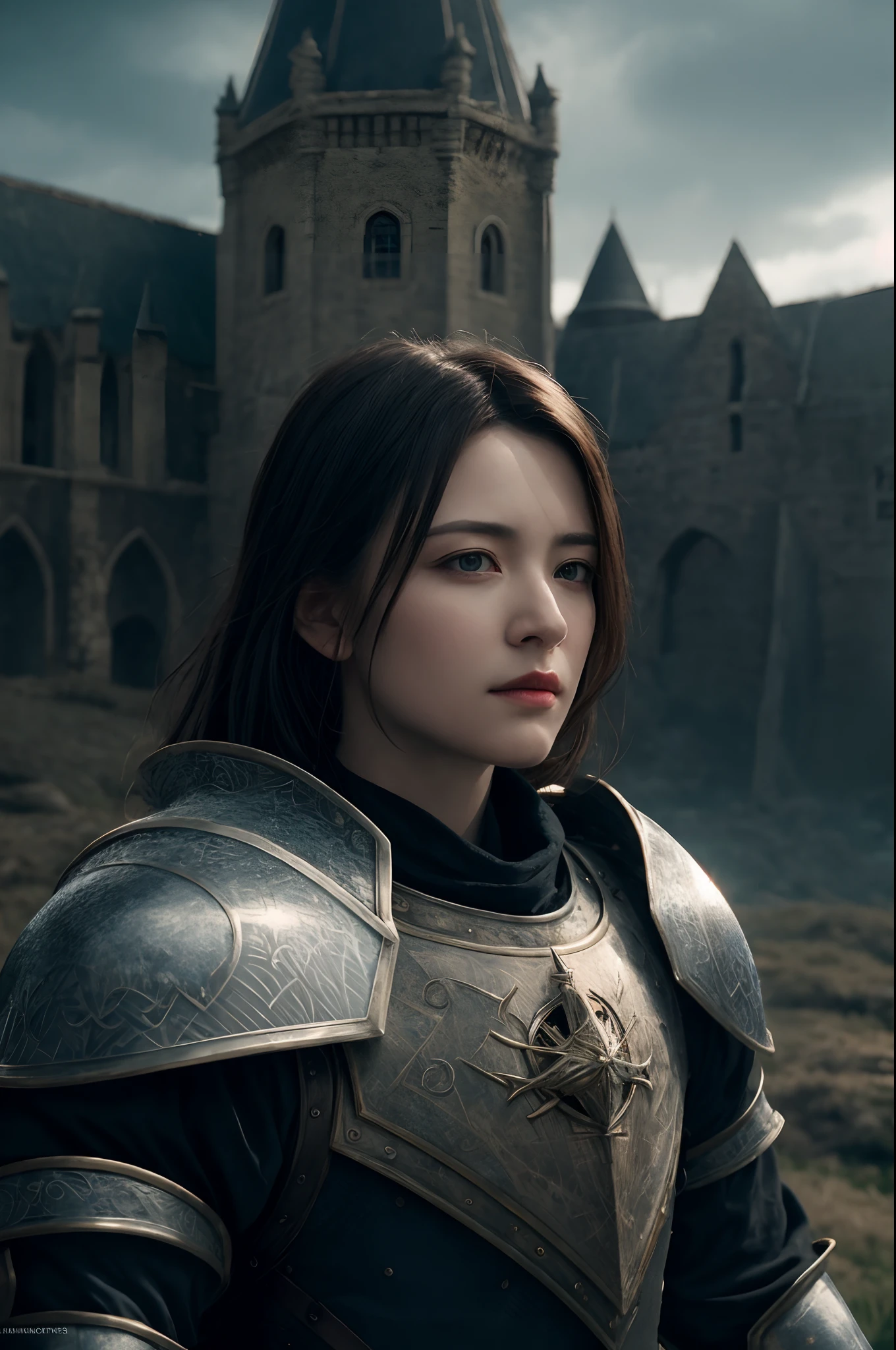 realisticlying，top-quality，tmasterpiece，cinematic compositions，slow motion，18yo Girl（Medium shot of medieval knights，Gloomy and weathered face，whaite hair：1.2），Chain mail and plate armor，（Realistic and detailed|Complex armor：1.1），（Visible face：1.3），（Realistic physiognomy|The eye|irises|The skin|Muscle tissue，Detailed skins，skin textures，Natural skin），（Holding a sword in hand：1. 2）， Frontal perspective，Imposing and firm posture，Look forward firmly，skin blemish，Natural skin wrinkles，Natural skin spots，Highly detailed clothes，rich details​，intricately details，Realistic wrinkles in clothes，Medieval fantasy landscape，mostly cloudy sky，Castle in the background in the distance，Radiant illumination，deep shading，dramatic scene，Dark and cool tones，Blue and gray tones， There are no other characters in the scene，detail-rich|复杂，Detailed landscapes，Volumetriclighting，（Detailed lighting），（Detailed light reflection on armor：1.1），8k，highly details，UHD，HDR，Realistic Facial Expression|Hairstyles