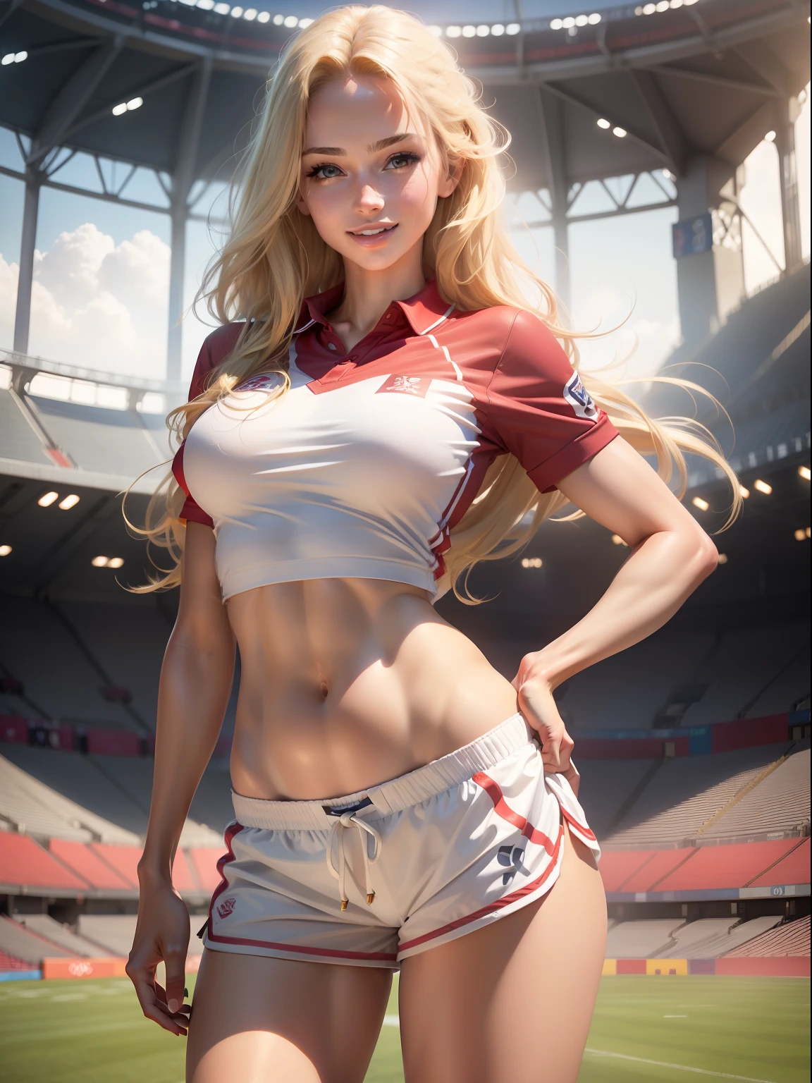 masterpiece, best quality, (photorealistic:1.4), 1girl, full body shot, a beautiful woman, shirt, (shorts:1.2), (sport uniform:1.3), (no panties:1.3)(skinny, athletic:1.1), (long hair, blonde hair:1.1), detailed face, smiling, red lipstick, big lips, medium breasts, cinematic light, (olympics stadium:1.1), shirtlift,