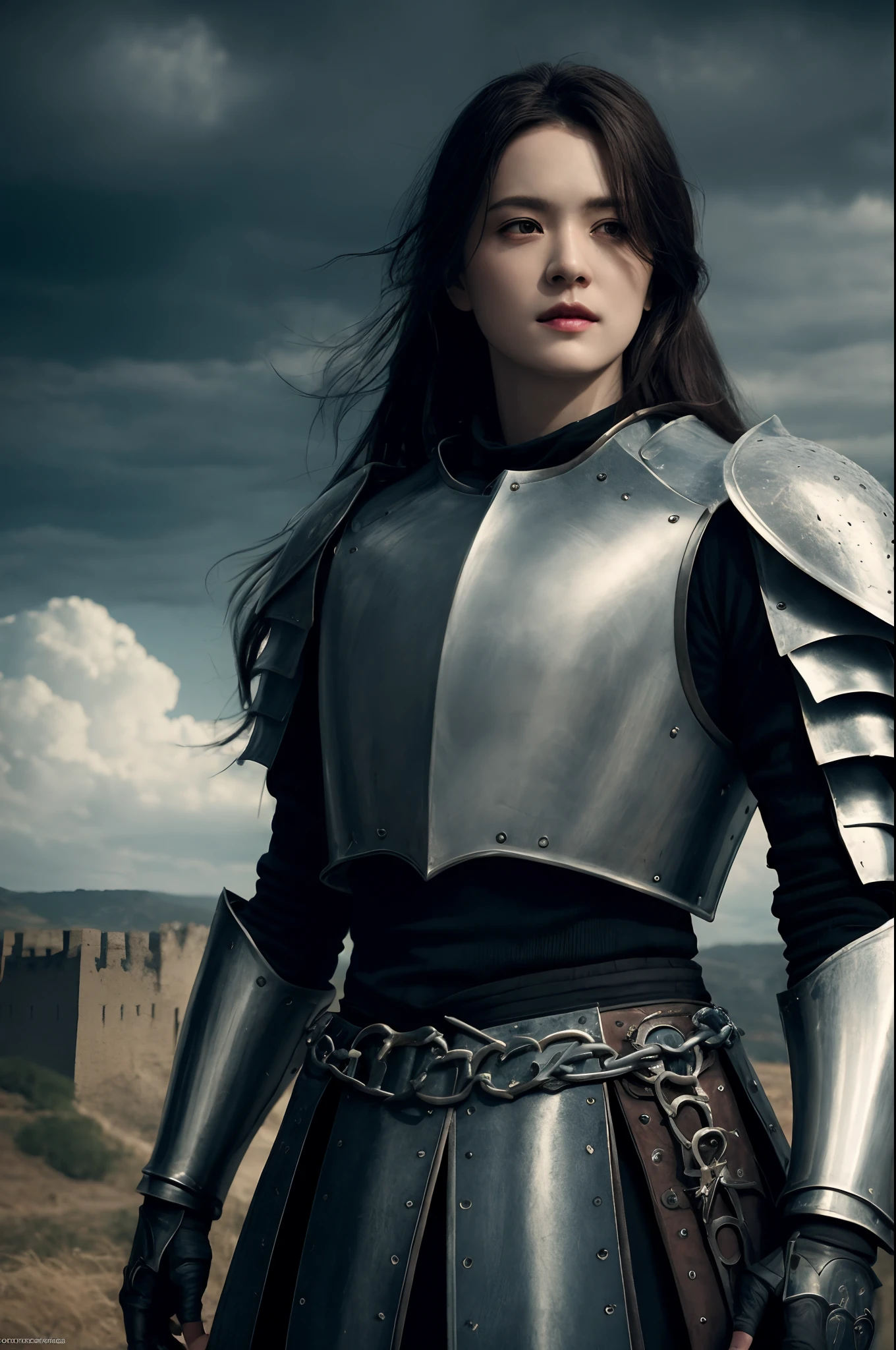 realisticlying,top-quality,tmasterpiece,cinematic compositions,slow motion,18yo Girl(Medium shot of medieval knights,Gloomy and weathered face,whaite hair:1.2),Chain mail and plate armor,(Realistic and detailed|Complex armor:1.1),(Visible face:1.3),(Realistic physiognomy|The eye|irises|The skin|Muscle tissue,Detailed skins,skin textures,Natural skin),(Holding a sword in hand:1. 2), Frontal perspective,Imposing and firm posture,Look forward firmly,skin blemish,Natural skin wrinkles,Natural skin spots,Highly detailed clothes,rich details,intricately details,Realistic wrinkles in clothes,Medieval fantasy landscape,mostly cloudy sky,Castle in the background in the distance,Radiant illumination,deep shading,dramatic scene,Dark and cool tones,Blue and gray tones, There are no other characters in the scene,detail-rich|复杂,Detailed landscapes,Volumetriclighting,(Detailed lighting),(Detailed light reflection on armor:1.1),8k,highly details,UHD,HDR,Realistic Facial Expression|Hairstyles