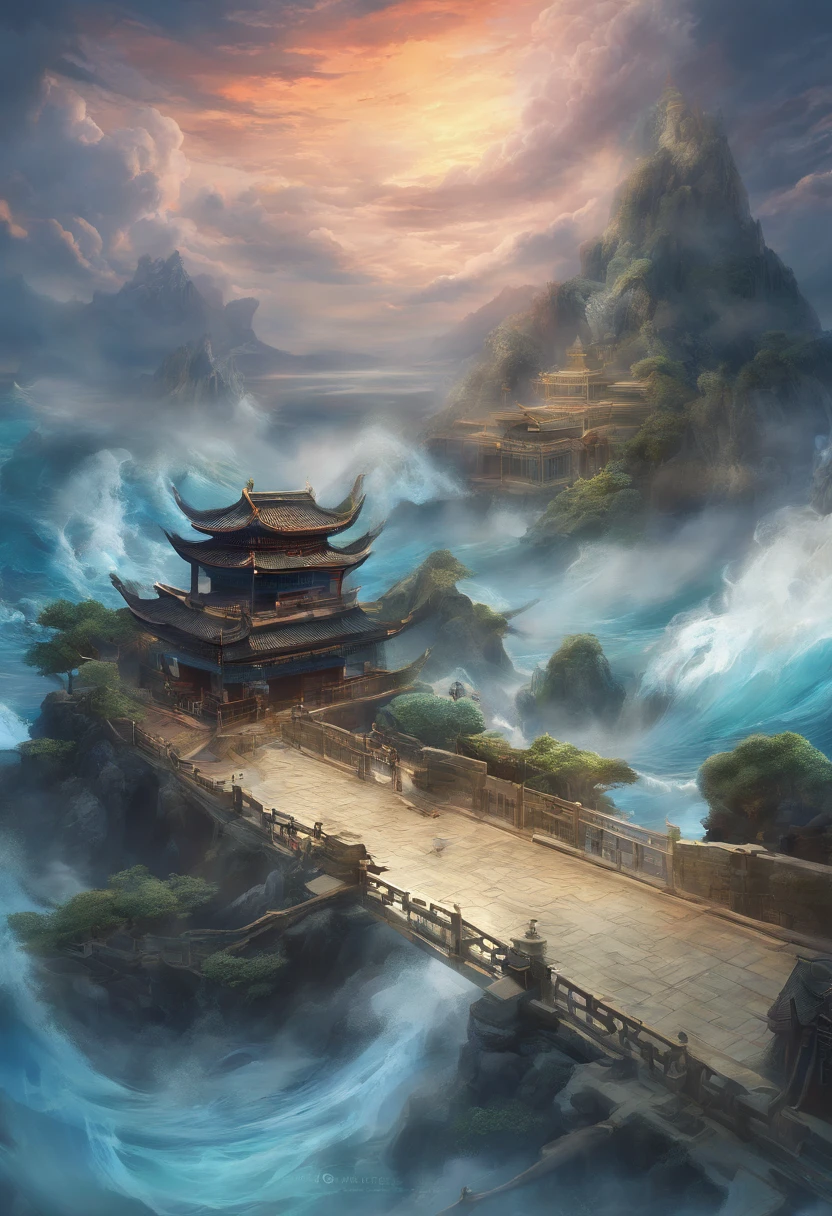 China-style，Chinese mythology，Xuanwu，faucet，Turtle body，Snake tail，has horns on its head，tosen，Ferocious，gargantuan，The eyes shine blue light，the sea，Huge waves，surrounded by cloud，中景 the scene is，Full body like， highly detailed surreal vfx，oc rendered， - AR 16:9 --q 2 --s 1000