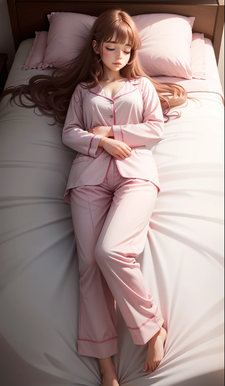Generate an image of Emma Watson,in pink pair of pajamas, lying on bed, white bed, sleeping, ((asleep, eyes close)), ((lying on bed), body on bed, dark bedroom, night lamp, midnight, dark background, full body shot,sexy legs, gao between legs, Masterpiece, 8k, absurd, award winning image