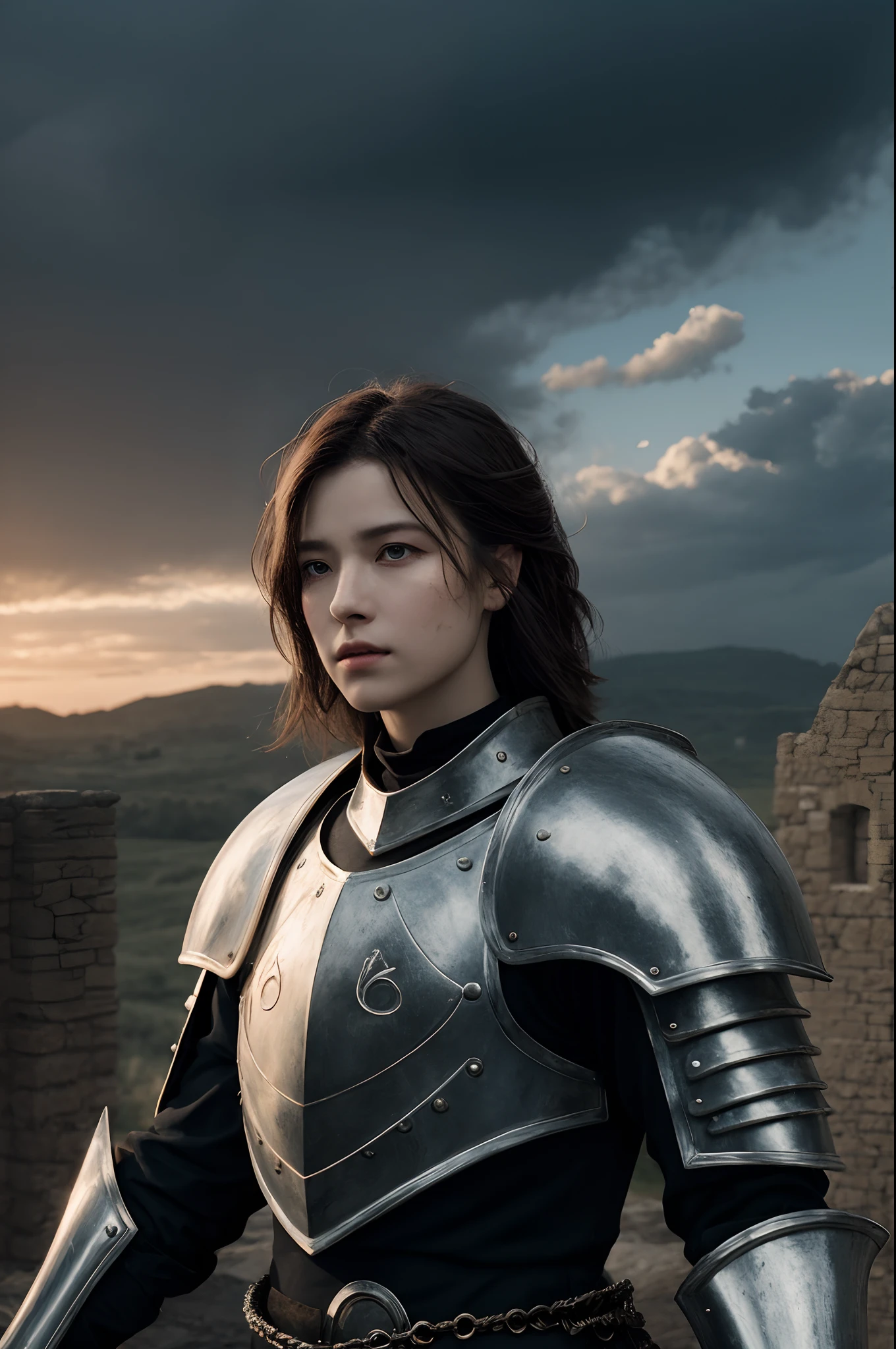 realisticlying,top-quality,tmasterpiece,cinematic compositions,slow motion,18yo Girl(Medium shot of medieval knights,Gloomy and weathered face,whaite hair:1.2),Chain mail and plate armor,(Realistic and detailed|Complex armor:1.1),(Visible face:1.3),(Realistic physiognomy|The eye|irises|The skin|Muscle tissue,Detailed skins,skin textures,Natural skin),(Holding a sword in hand:1. 2), Frontal perspective,Imposing and firm posture,Look forward firmly,skin blemish,Natural skin wrinkles,Natural skin spots,Highly detailed clothes,rich details,intricately details,Realistic wrinkles in clothes,Medieval fantasy landscape,mostly cloudy sky,Castle in the background in the distance,Radiant illumination,deep shading,dramatic scene,Dark and cool tones,Blue and gray tones, There are no other characters in the scene,detail-rich|复杂,Detailed landscapes,Volumetriclighting,(Detailed lighting),(Detailed light reflection on armor:1.1),8k,highly details,UHD,HDR,Realistic Facial Expression|Hairstyles