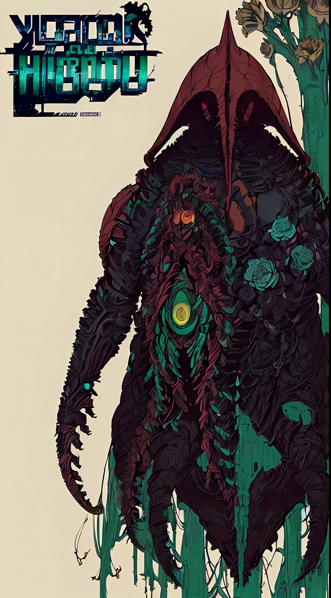 (headless,afrofuturism,cyberdelic,Xenomorph,forebrain horn,J Horror anime style,cowboy shot,above knee shot,Aragami Monster,Biomechanical,giant body,flowers bloomcore tentacle,Aerial view,Concept art,sky:1.35),all-seeing-eyes,full body pupils,Cinematic surrealism,full moon,
