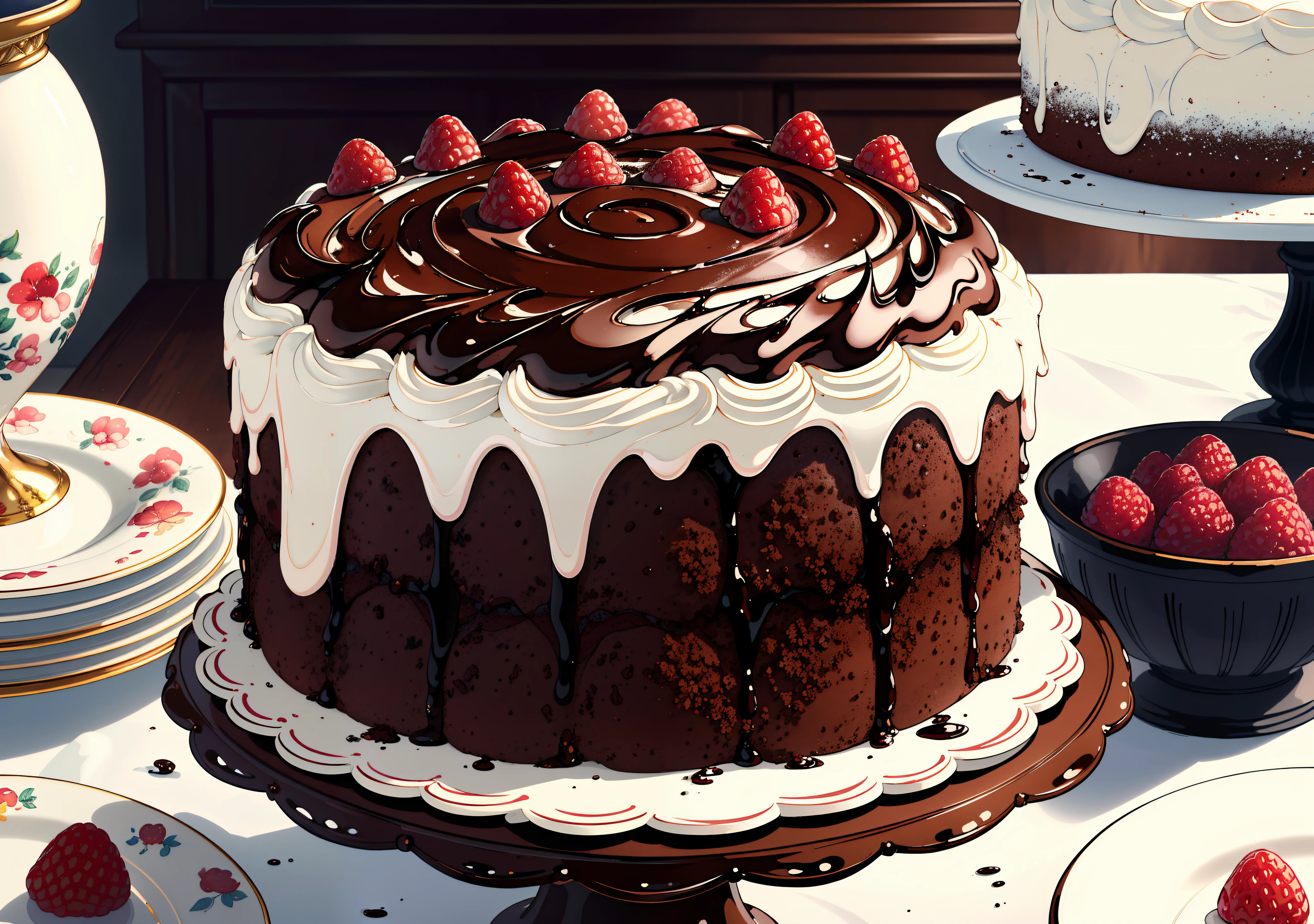 A delicious and tempting chocolate cake, (best quality, highres, ultra-detailed:1.2), with rich, dark chocolate frosting. The cake is perfectly moist and fluffy, with layers of decadent chocolate ganache filling in between. The frosting is artfully swirled and smoothed to perfection, creating a luscious and glossy finish. The cake is adorned with a generous sprinkling of chocolate shavings on top, adding an extra touch of elegance. The cake is presented on a beautiful, porcelain cake stand, with delicate floral patterns and intricate details. The surrounding table is decorated with fresh strawberries, raspberries, and a dusting of powdered sugar, enhancing the overall aesthetic. The lighting is soft and warm, casting a gentle glow on the cake, highlighting its mouthwatering appeal. The colors are rich and vibrant, showcasing the deep, velvety brown tones of the chocolate. The overall ambiance exudes sophistication and indulgence, making this chocolate cake a true masterpiece.