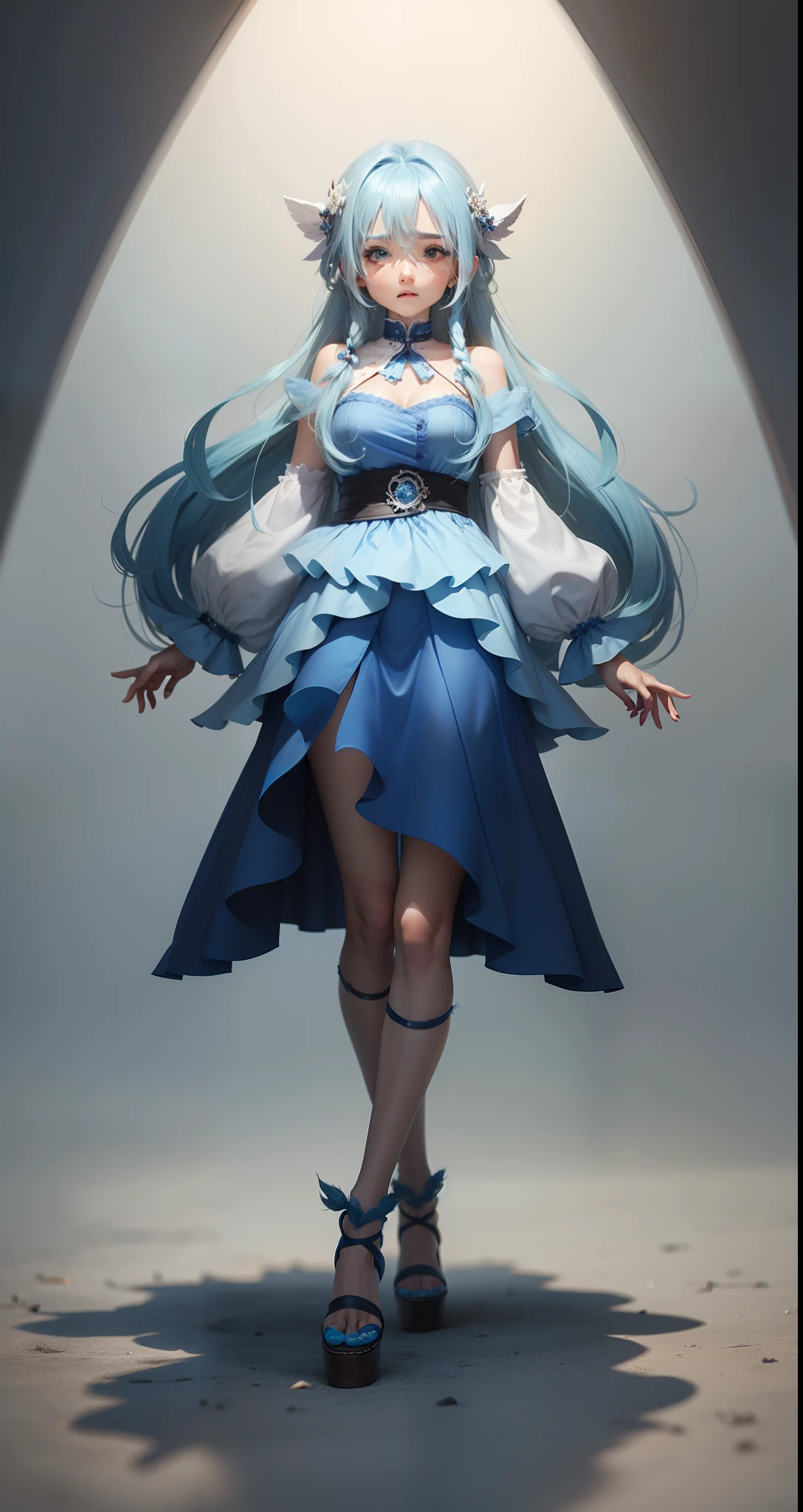 Beautuful Women，with fair skin，Extra-high split miniskirt，The legs are long and slender，Enchanting figure，Long powder blue hair，Powder blue high heels，White stockings，Powder blue super sexy clothes，The temperament is cold and noble