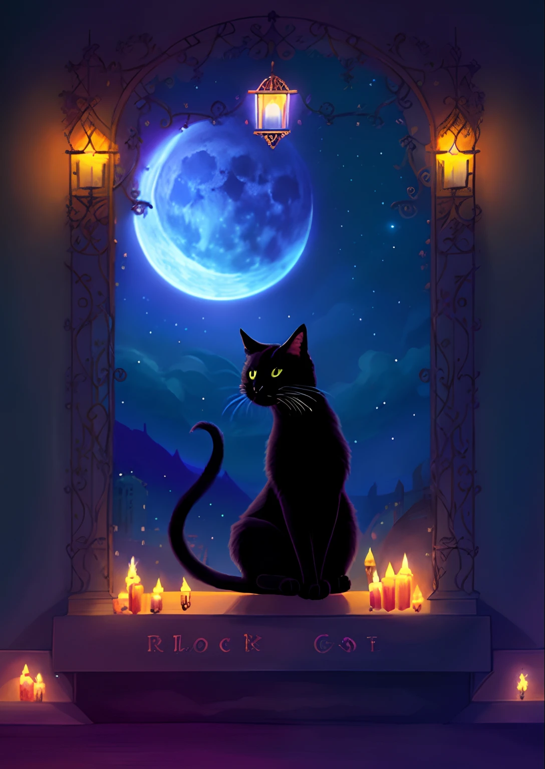 There is a black cat sitting on a ledge with a crescent, gato preto, gatos pretos, O Deus das Trevas dos Gatos, gato roxo, lua negra gaint, noite calma. digital illustation, ✨🕌🌙, bruxa do gato, fan art, silhueta do gato, [ Tarot card ]!!!!!, 3 0, Um escuro, Someone, Black cat at your feet